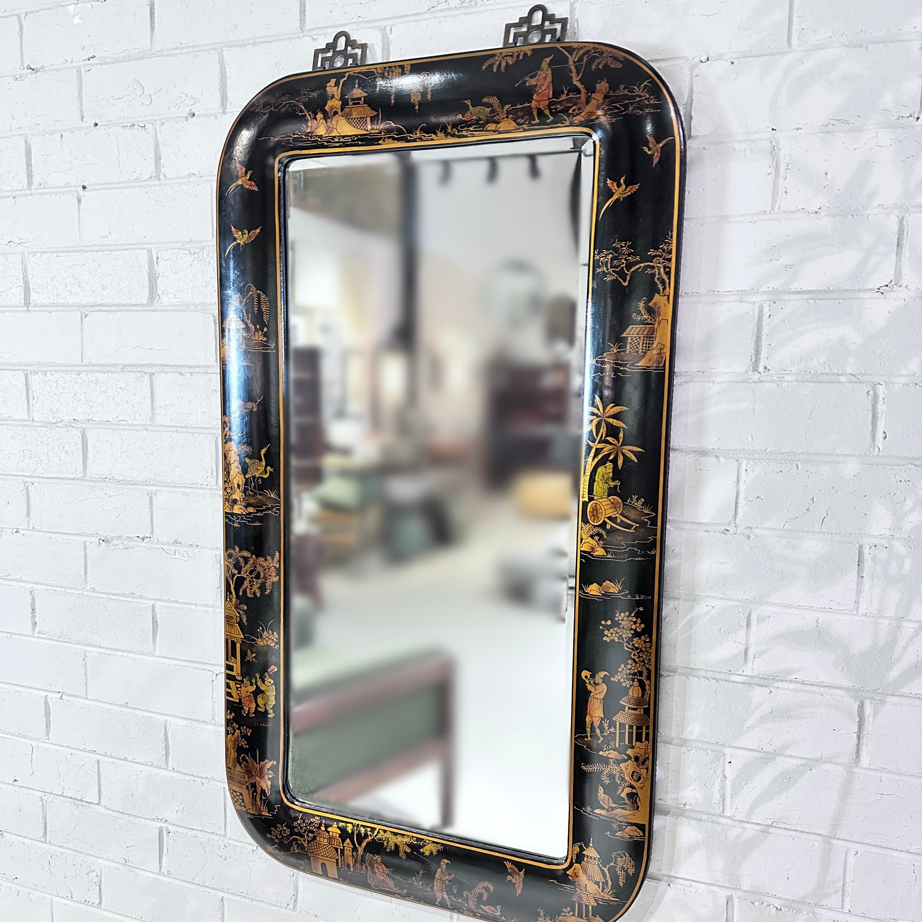 Vintage Chinoiserie Black Lacquer Wall Mirror