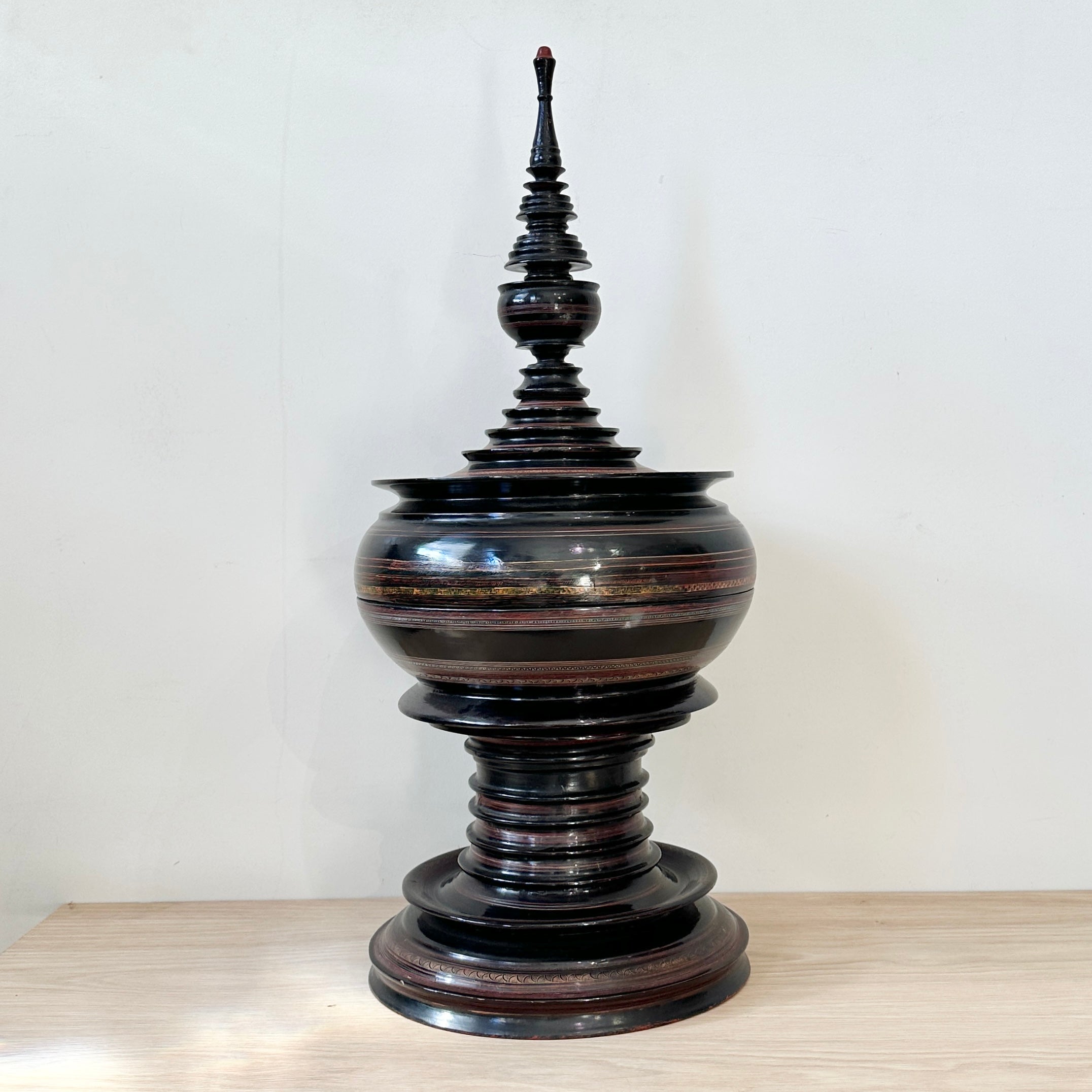 Vintage Burmese Pagoda Offering Box - Hand Painted Black Lacquer
