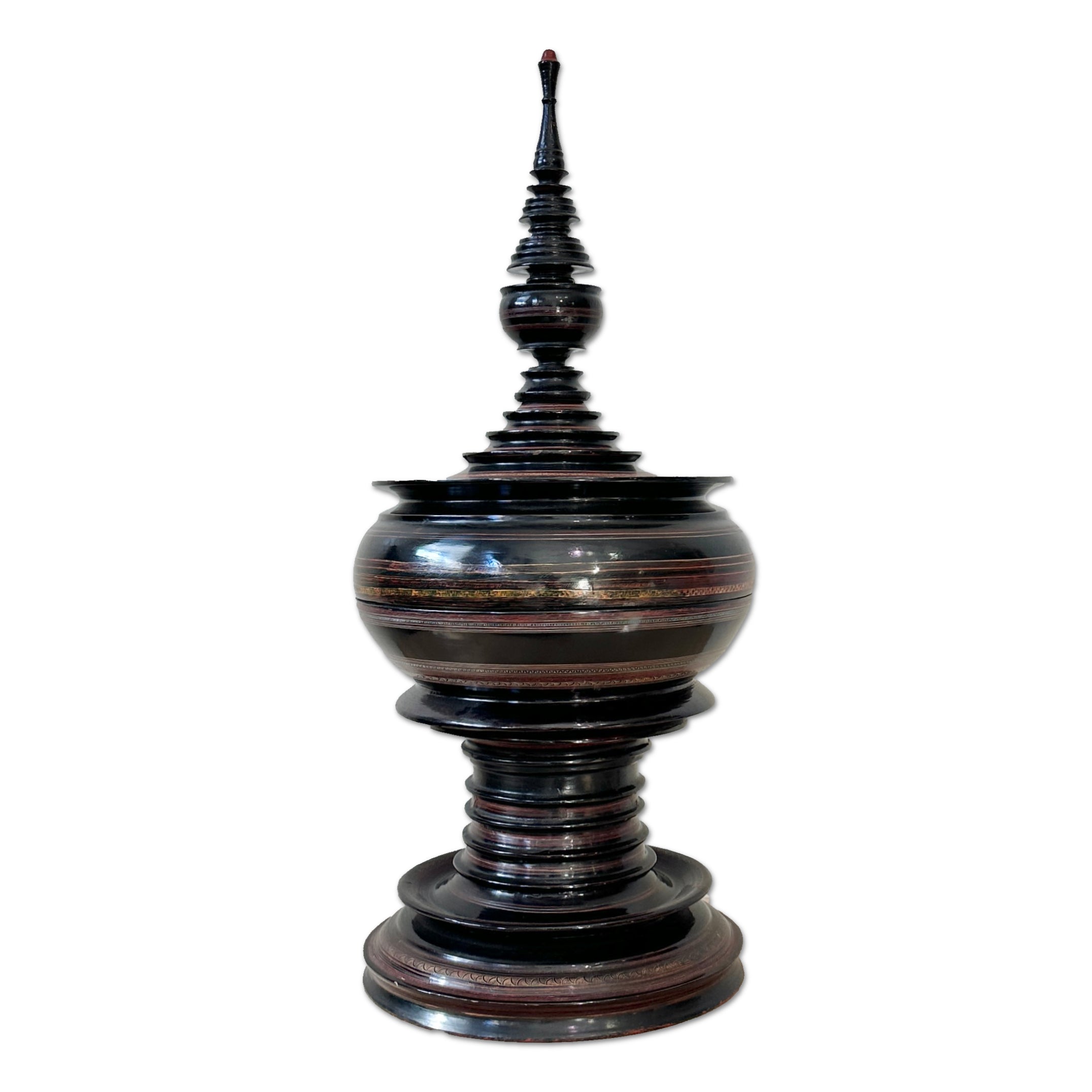 Vintage Burmese Pagoda Offering Box - Hand Painted Black Lacquer