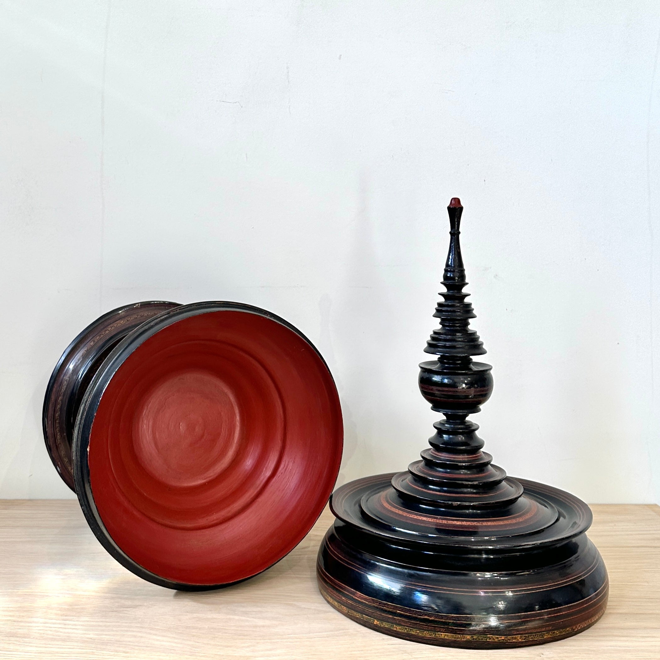 Vintage Burmese Pagoda Offering Box - Hand Painted Black Lacquer
