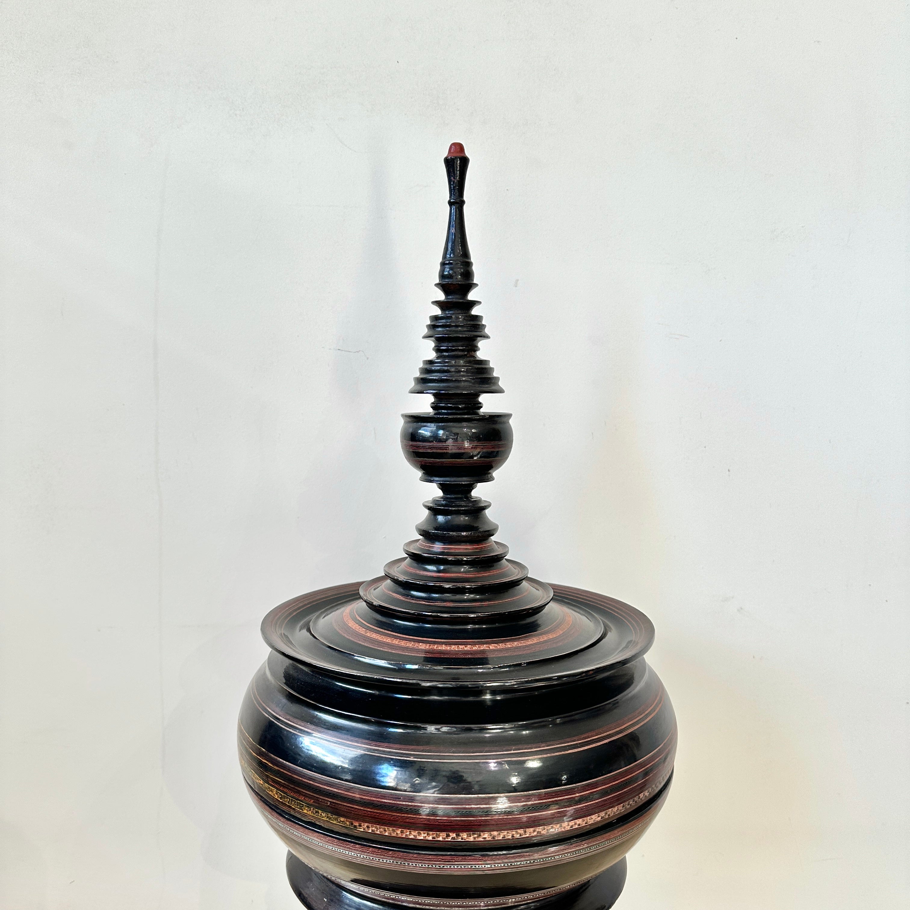 Vintage Burmese Pagoda Offering Box - Hand Painted Black Lacquer