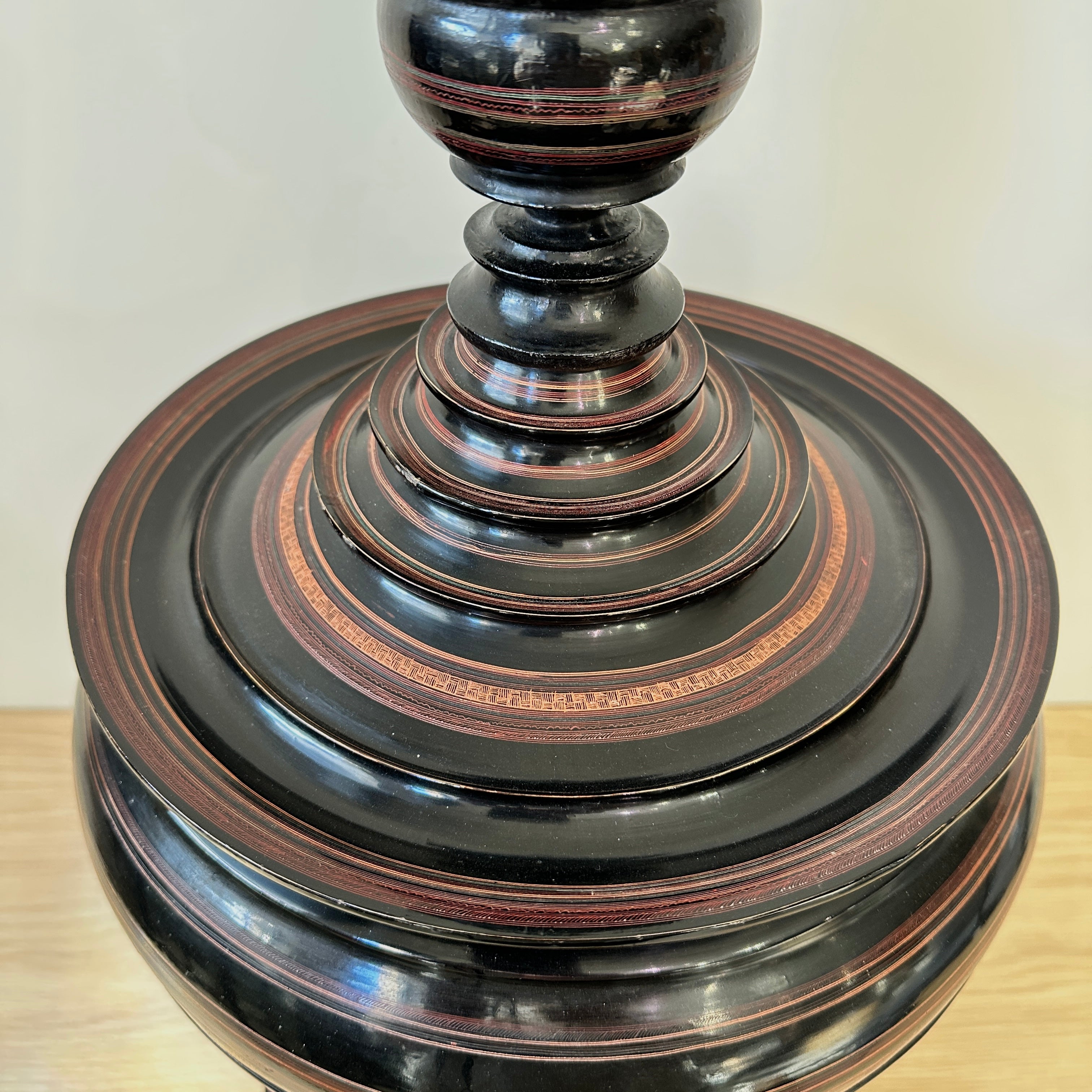 Vintage Burmese Pagoda Offering Box - Hand Painted Black Lacquer