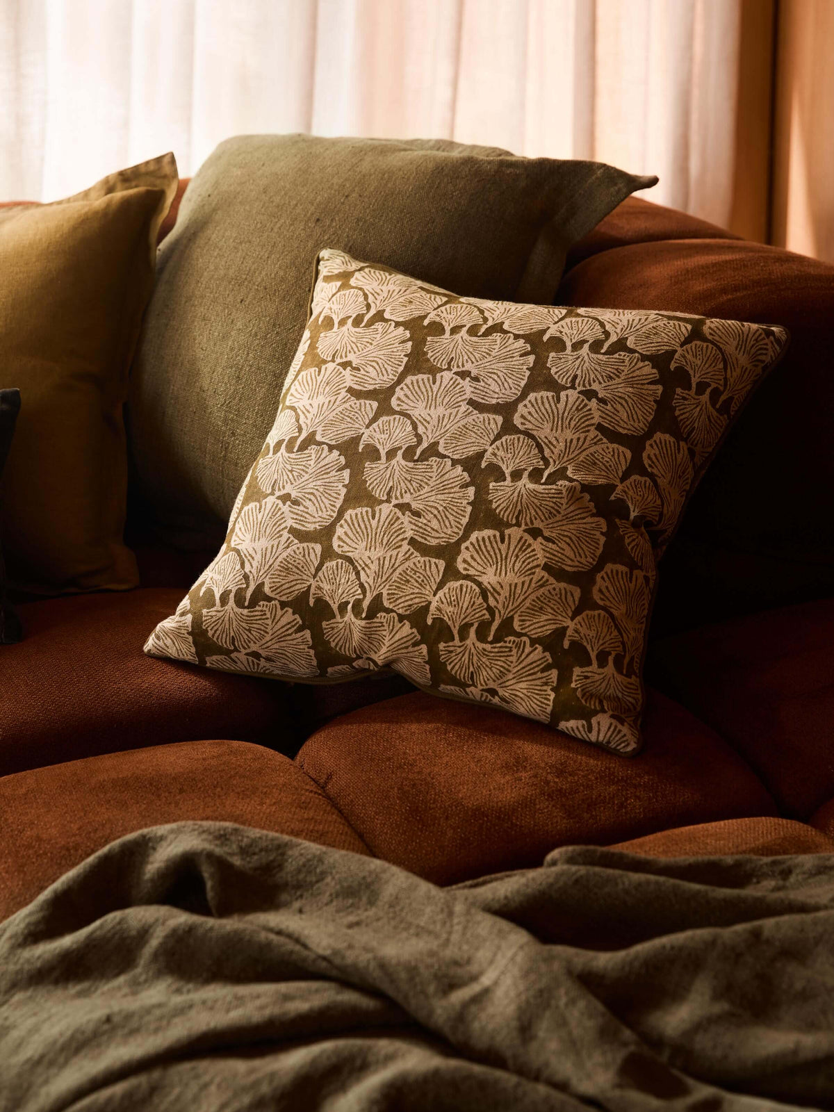 Ginkgo Khaki Square Cushion 50 x 50cm – studio front | Rodwell & Astor