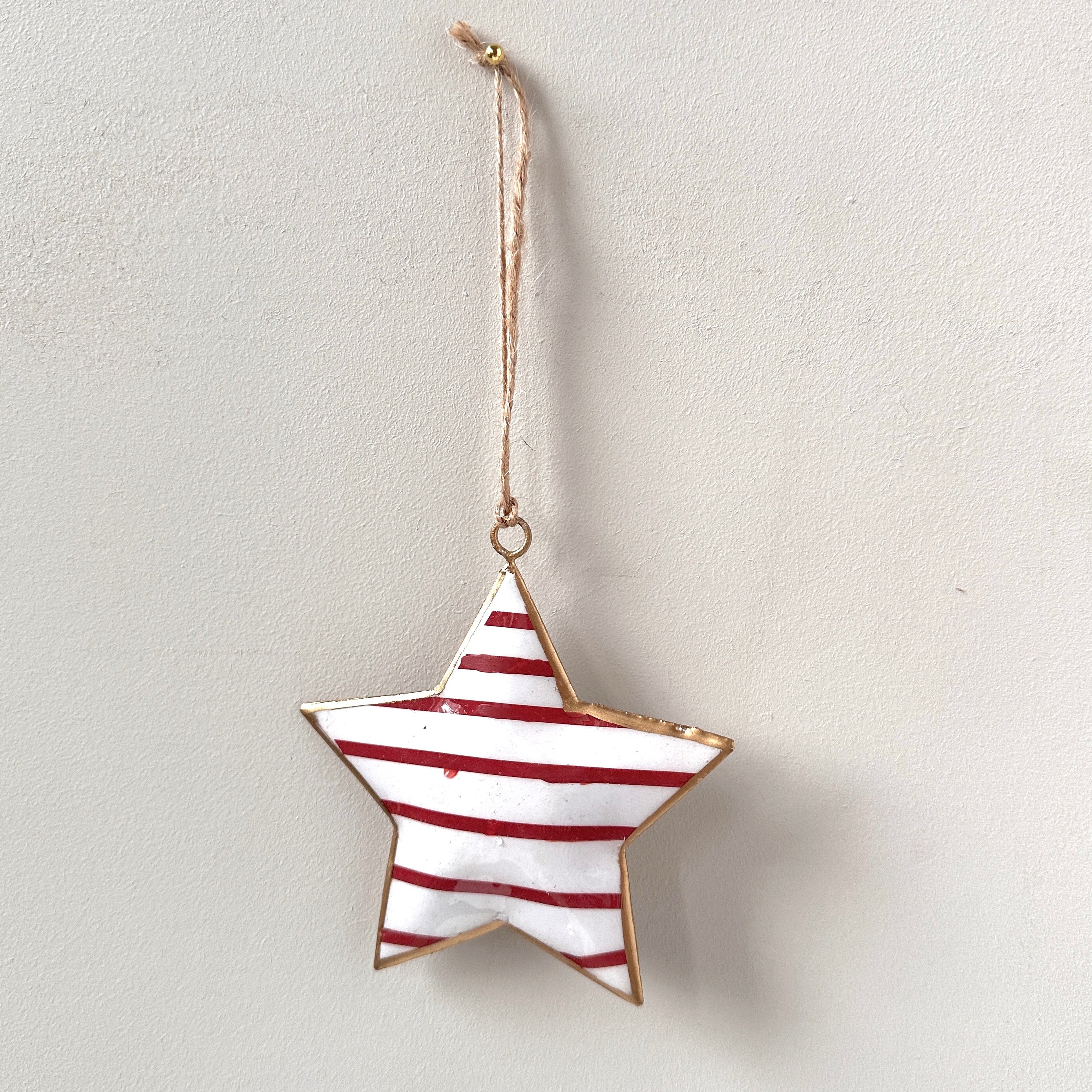 Recycled Metal Hanging Ornament - Red Stripe Star