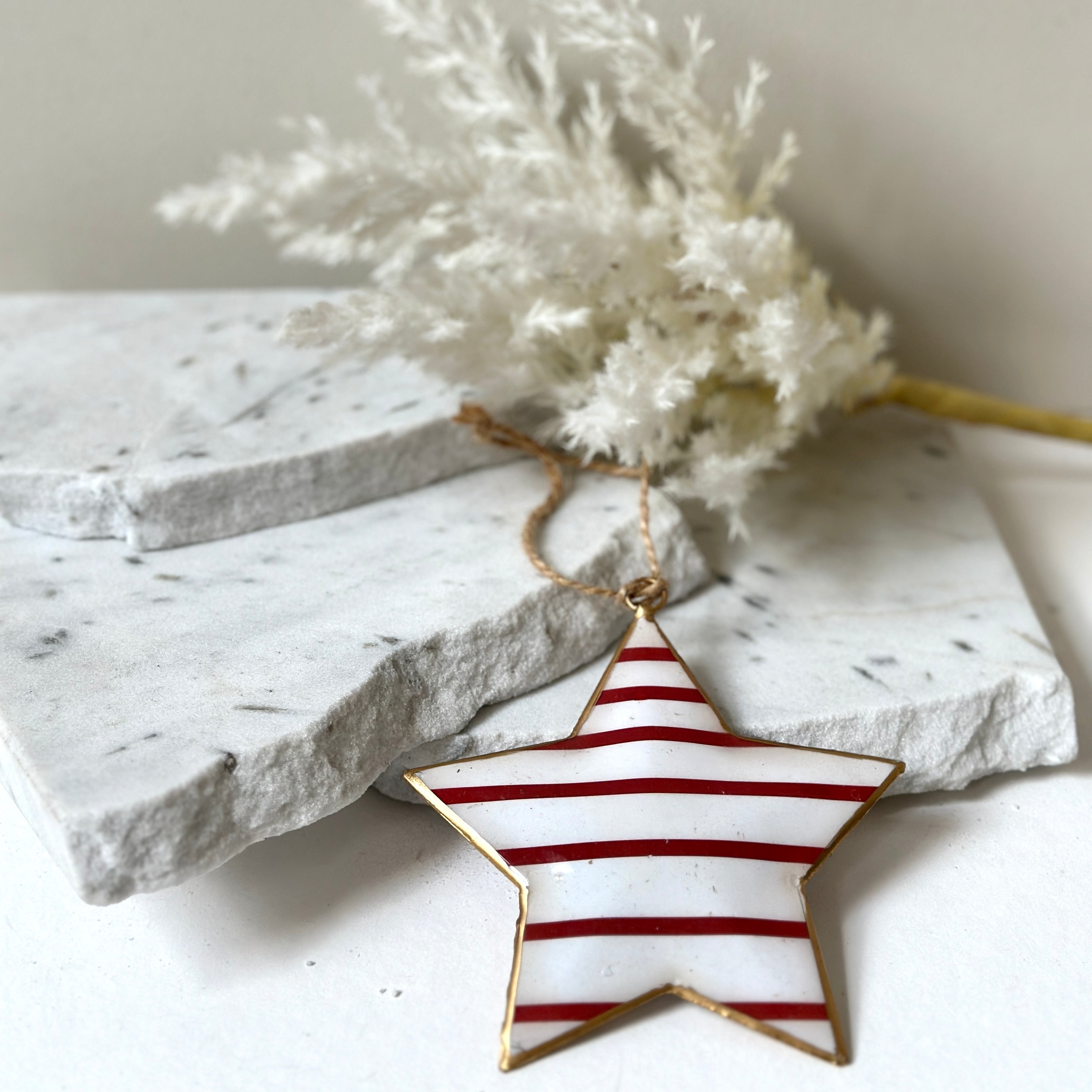 Recycled Metal Hanging Ornament - Red Stripe Star
