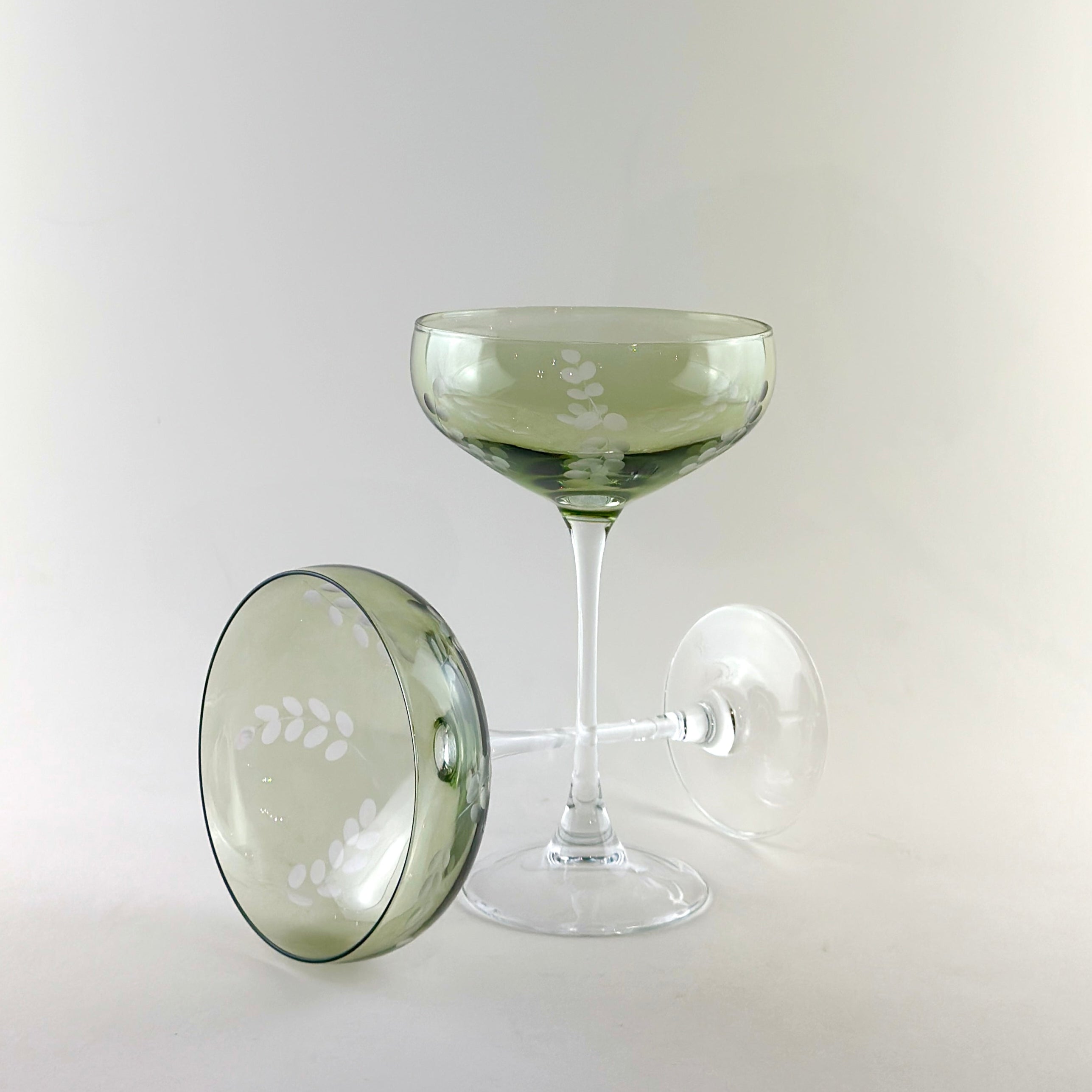 Indigo Etched Green Glass Coupe - Set 2