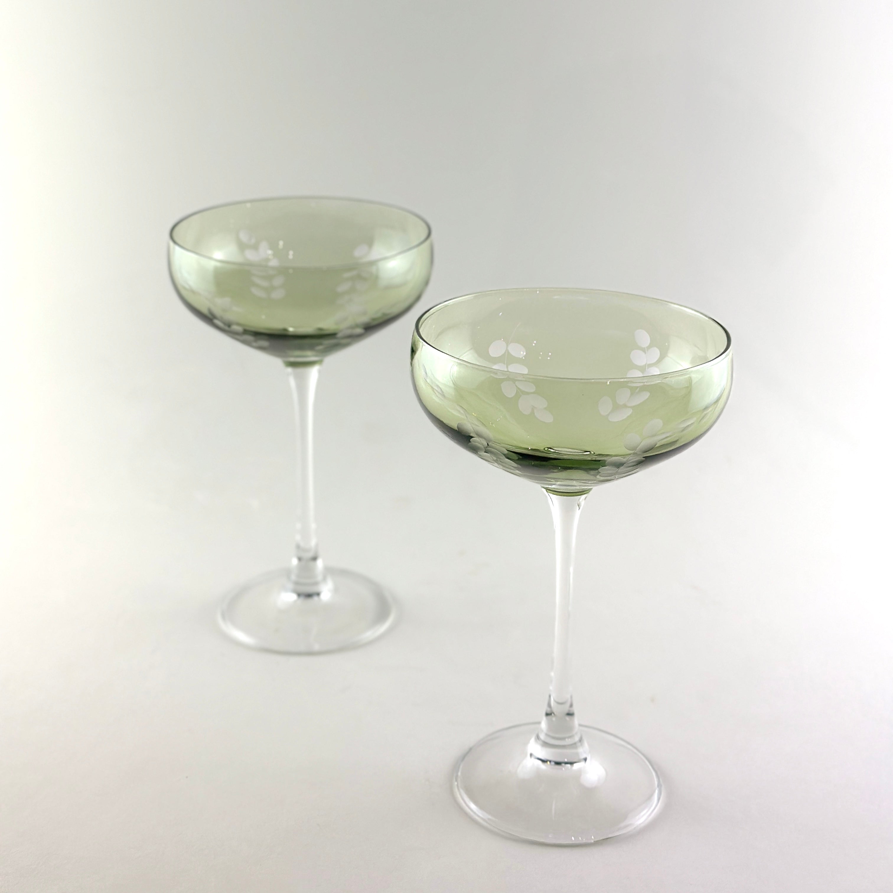 Indigo Etched Green Glass Coupe - Set 2