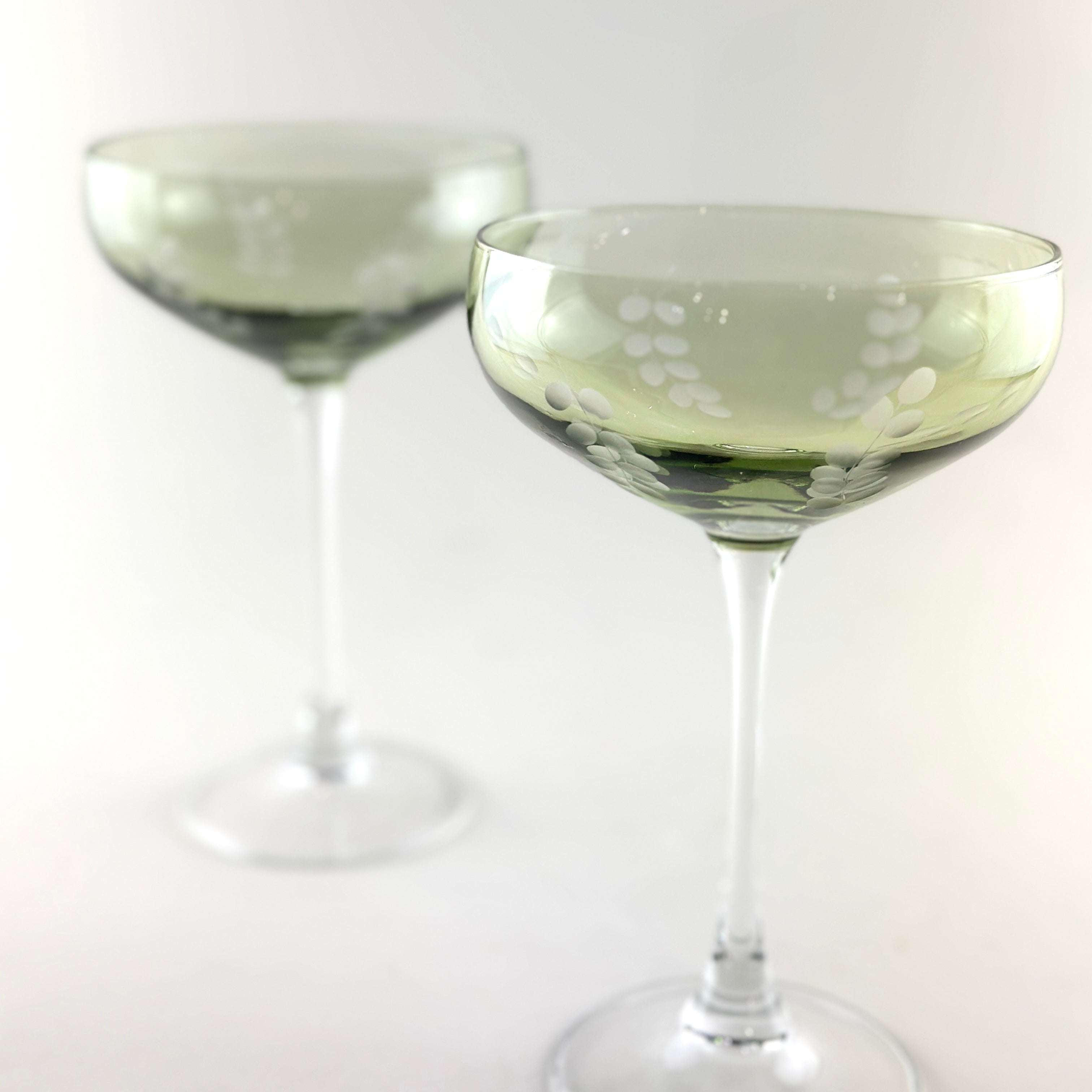 Indigo Etched Green Glass Coupe - Set 2