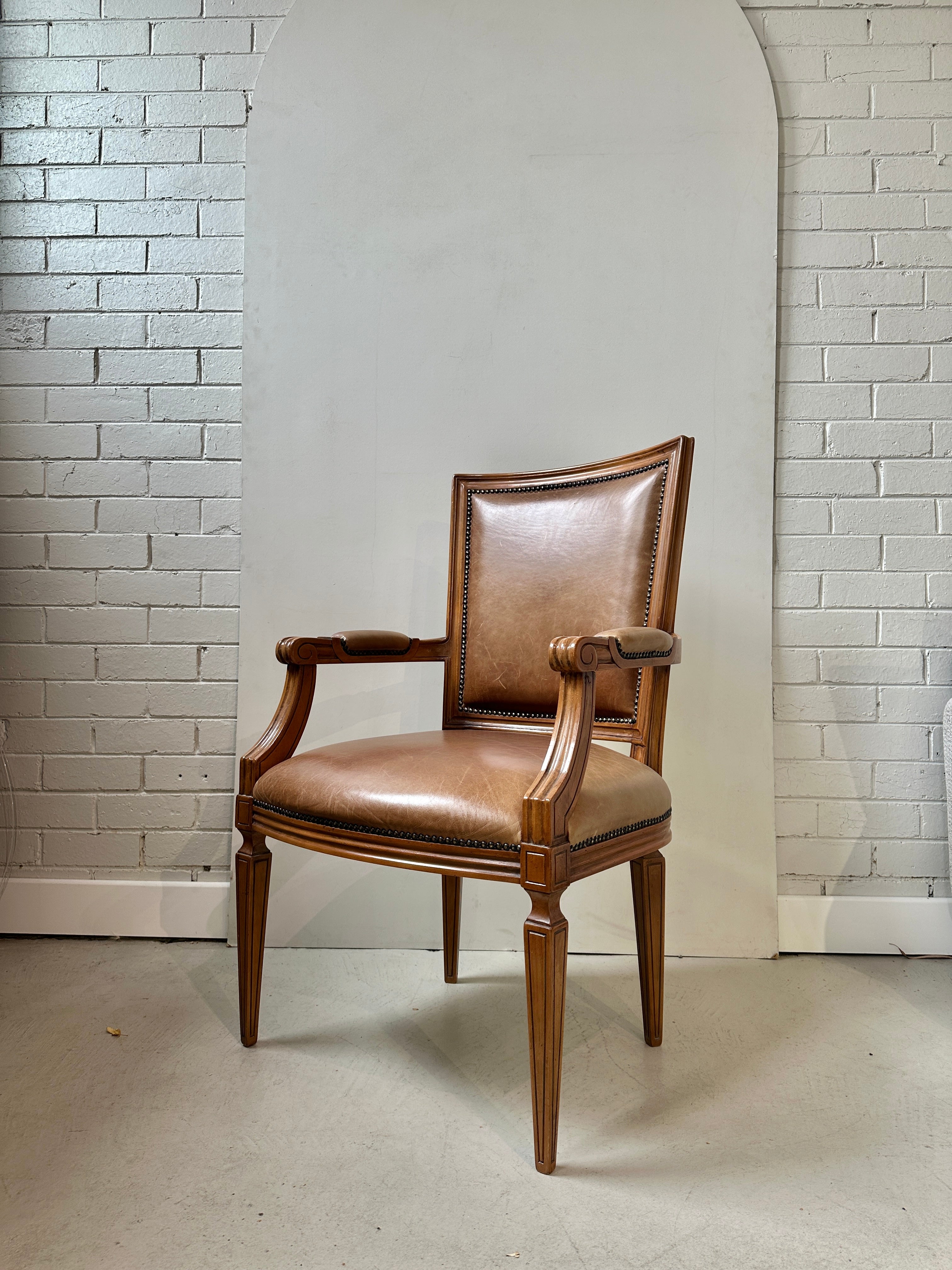Vintage Louis VI Style Elbow Chair - Tan Leather