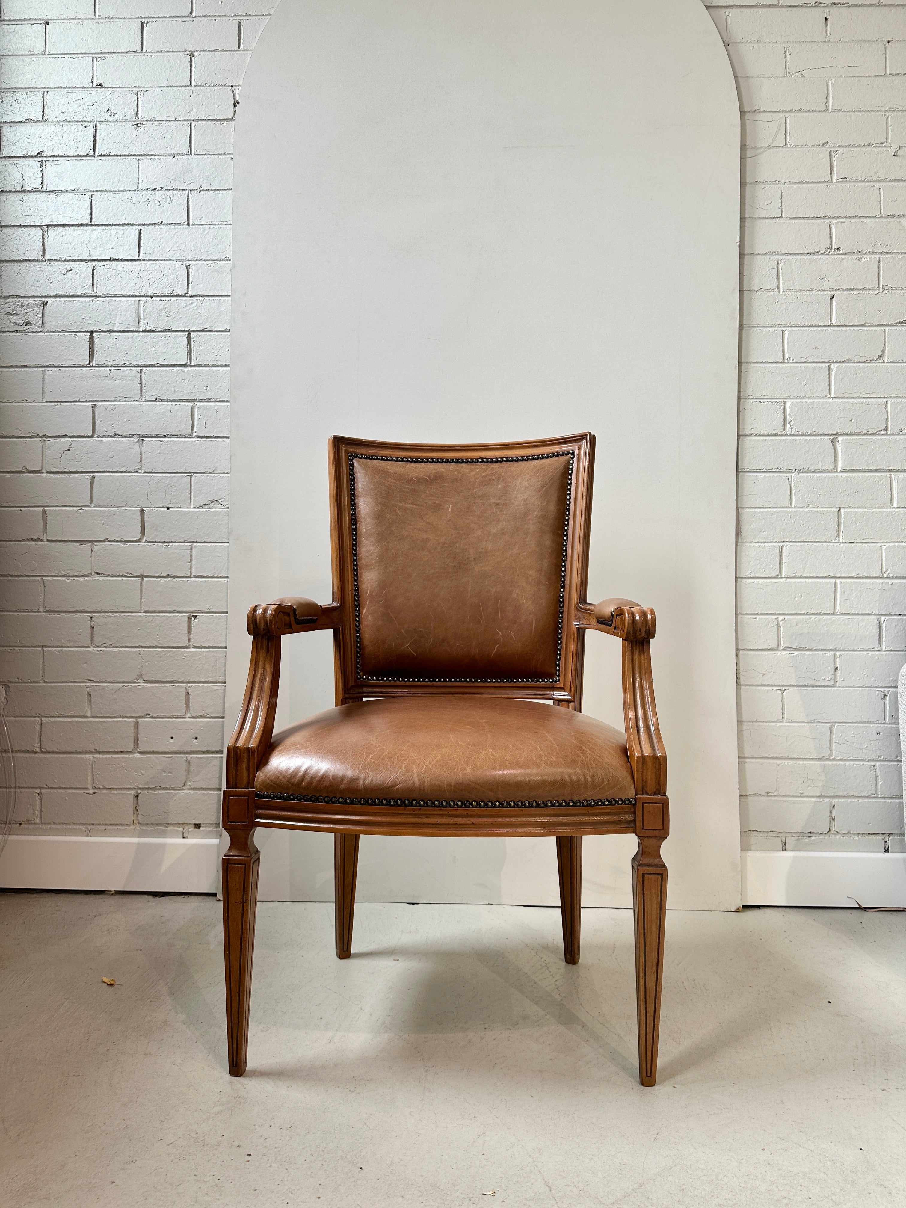 Vintage Louis VI Style Elbow Chair - Tan Leather