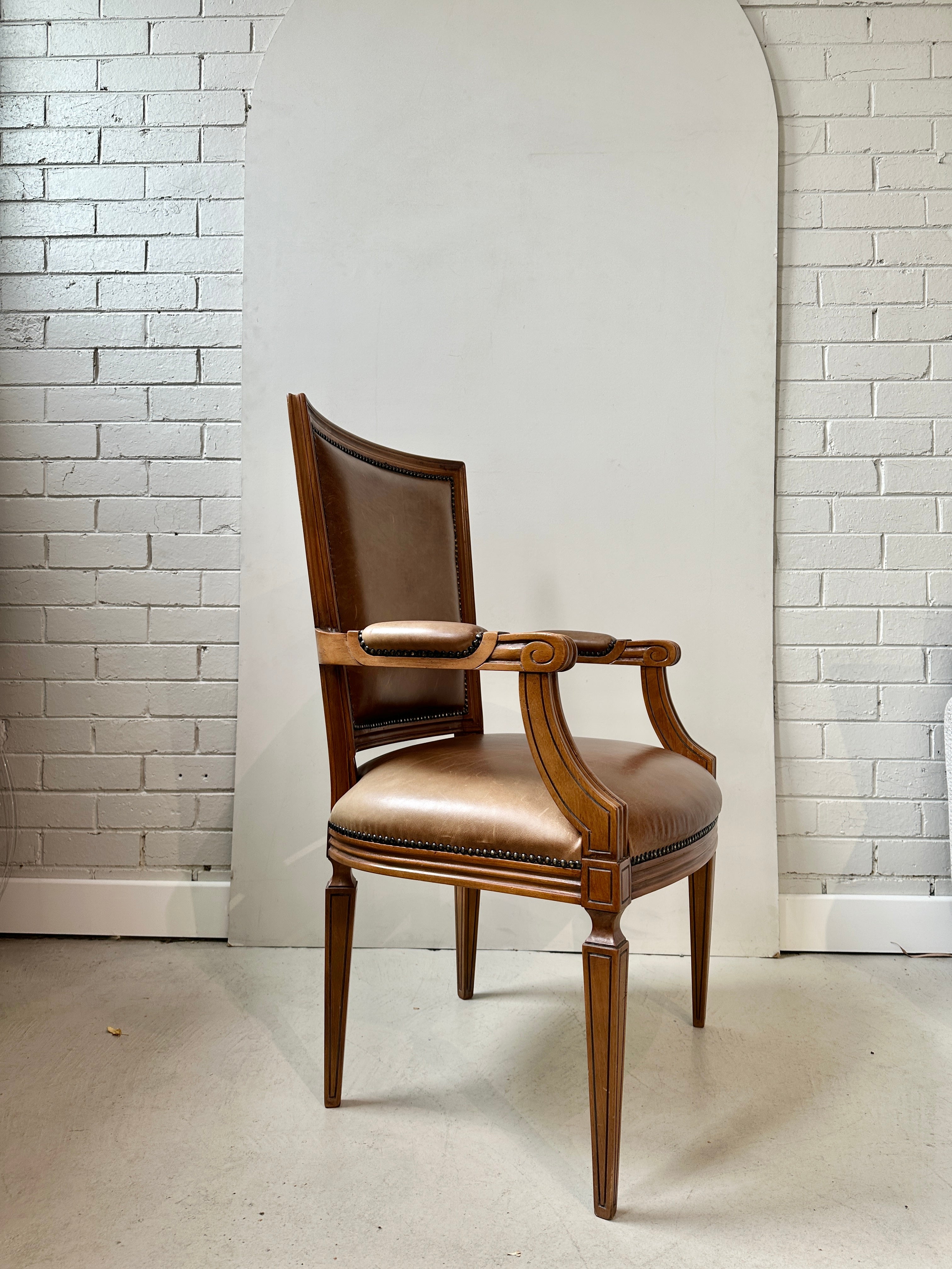 Vintage Louis VI Style Elbow Chair - Tan Leather