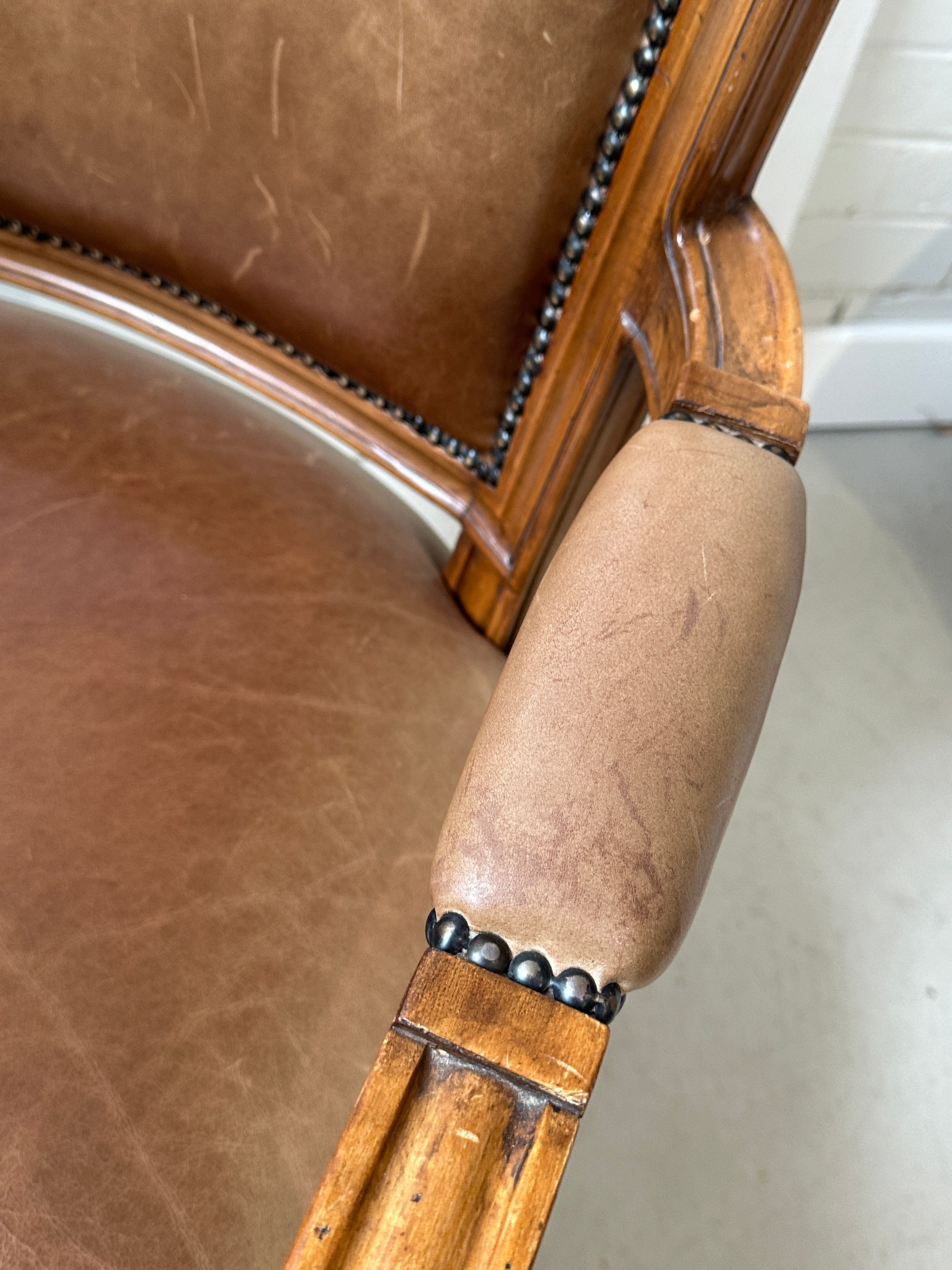 Vintage Louis VI Style Elbow Chair - Tan Leather