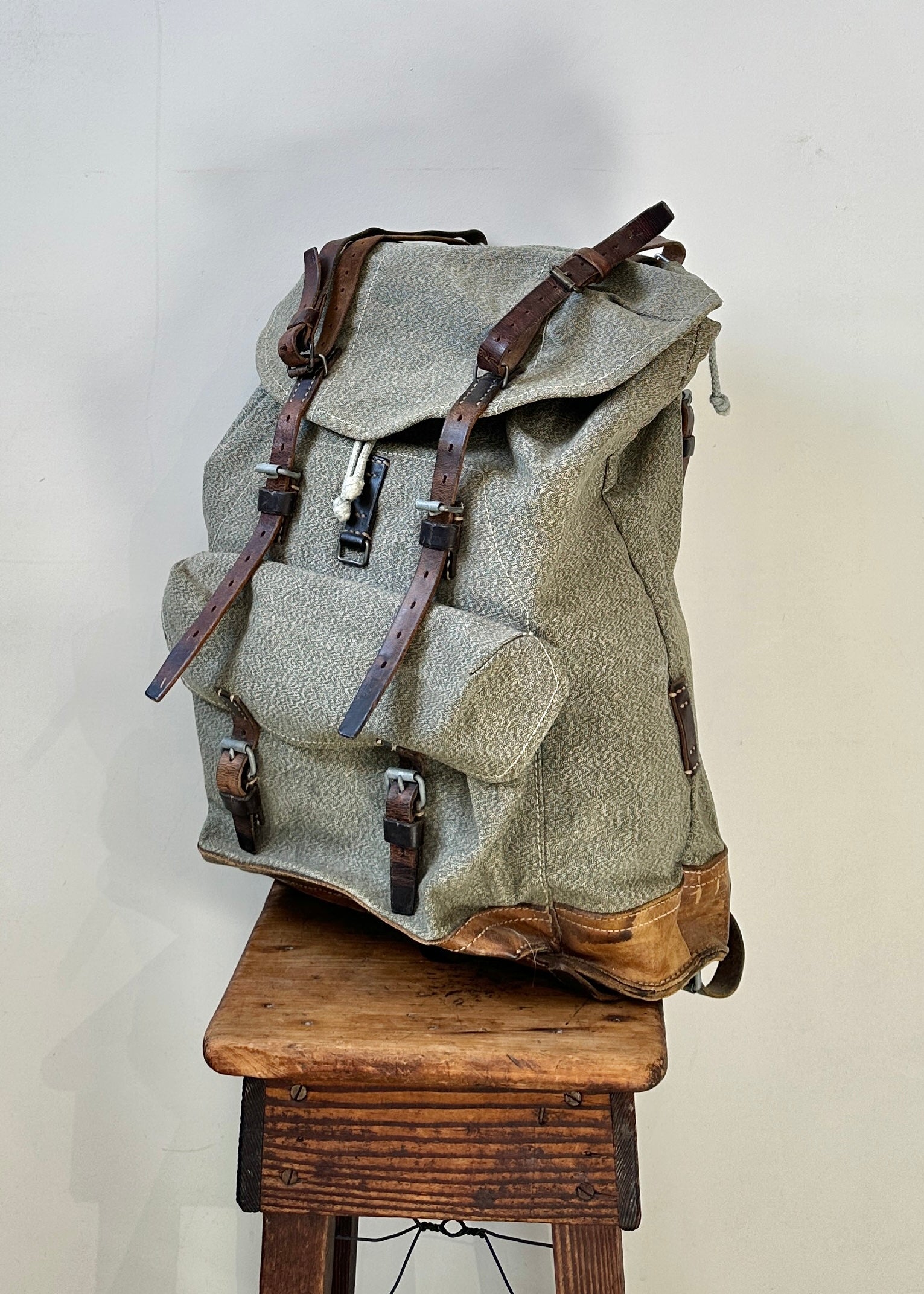 Vintage 1960s Swiss Army Canvas & Leather Backpack