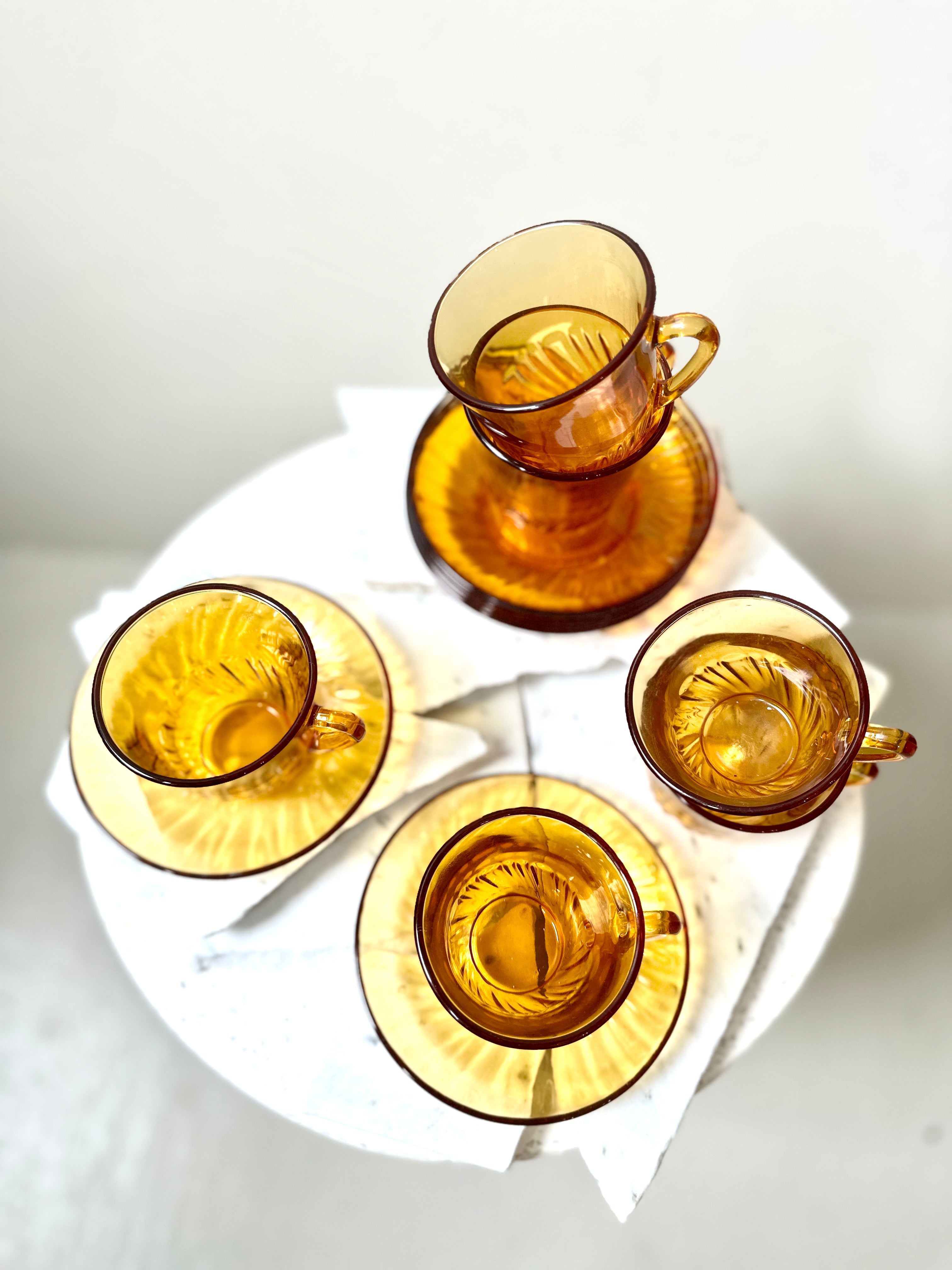 Set of 6 Vintage Amber Glass Espresso Cups and Saucers