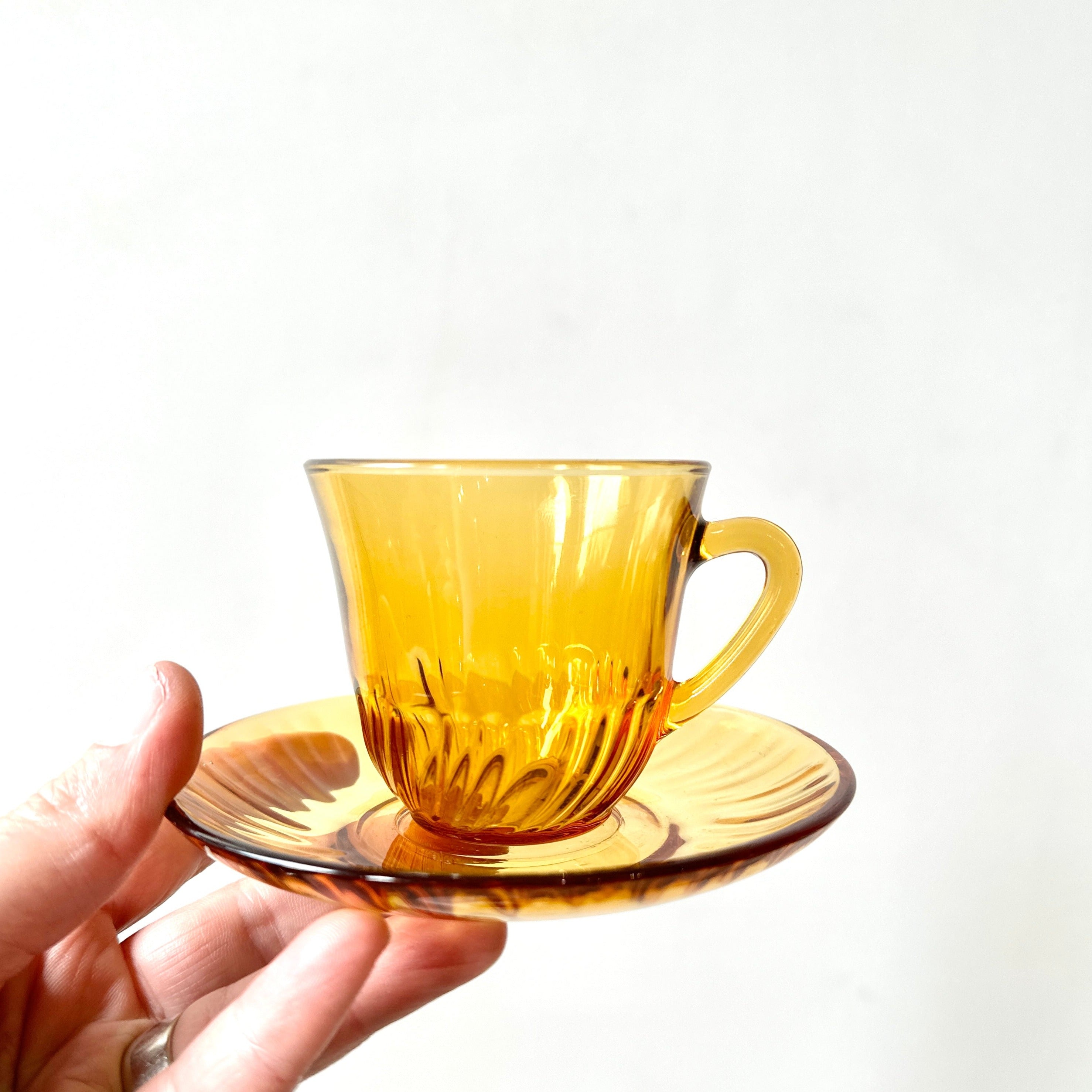 Set of 6 Vintage Amber Glass Espresso Cups and Saucers