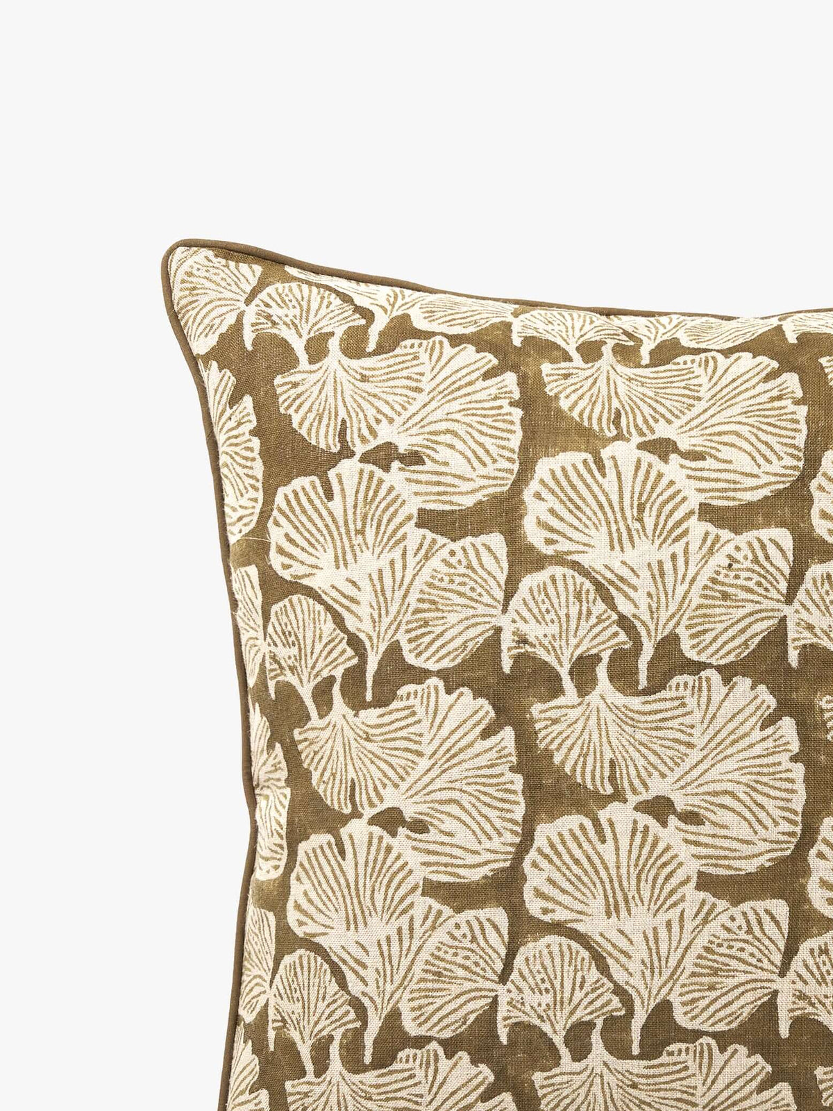 Ginkgo Khaki Square Cushion 50 x 50cm – studio front | Rodwell & Astor