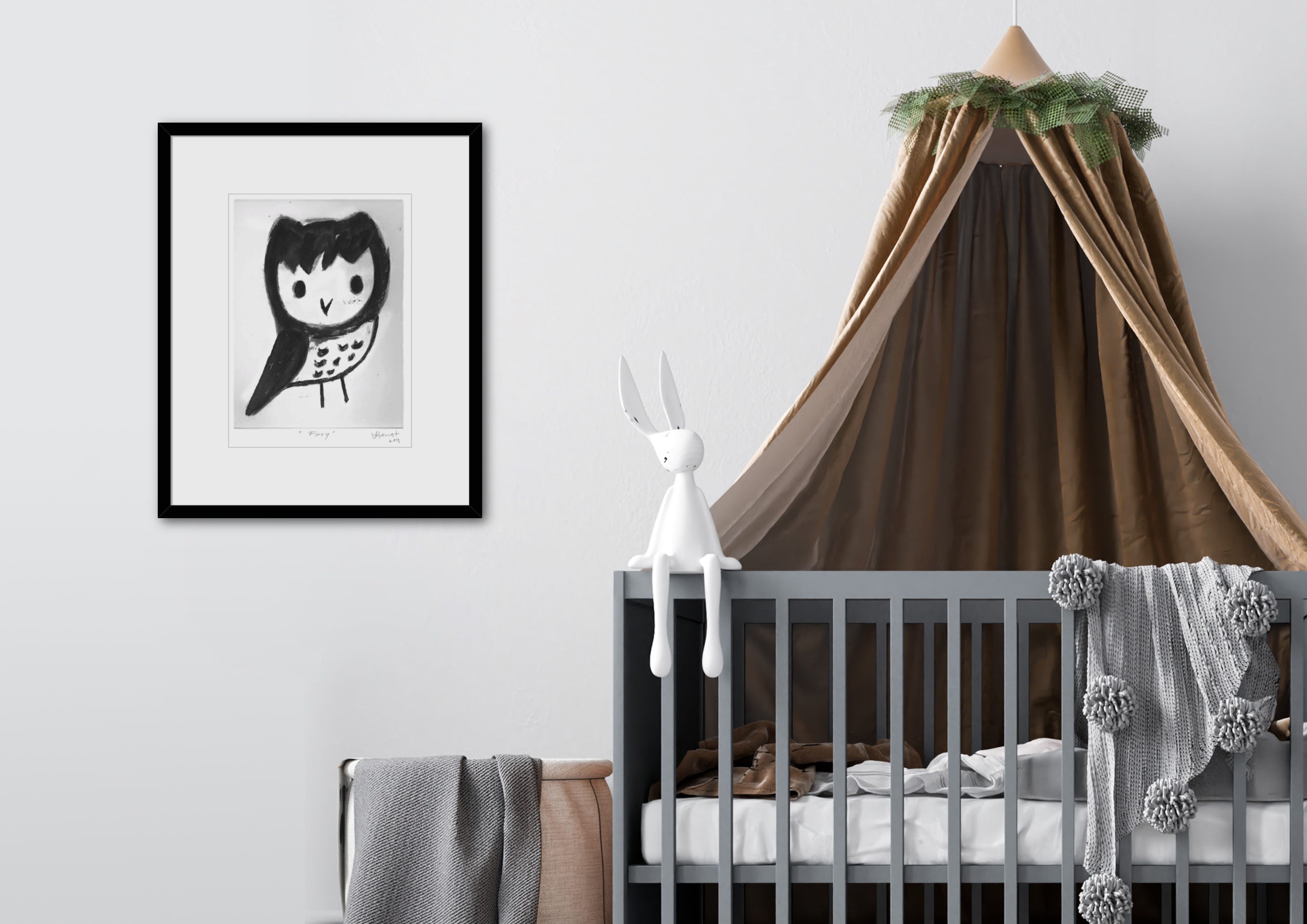 Rodwell and Astor - 'Firry' Black and White Owl Art Print