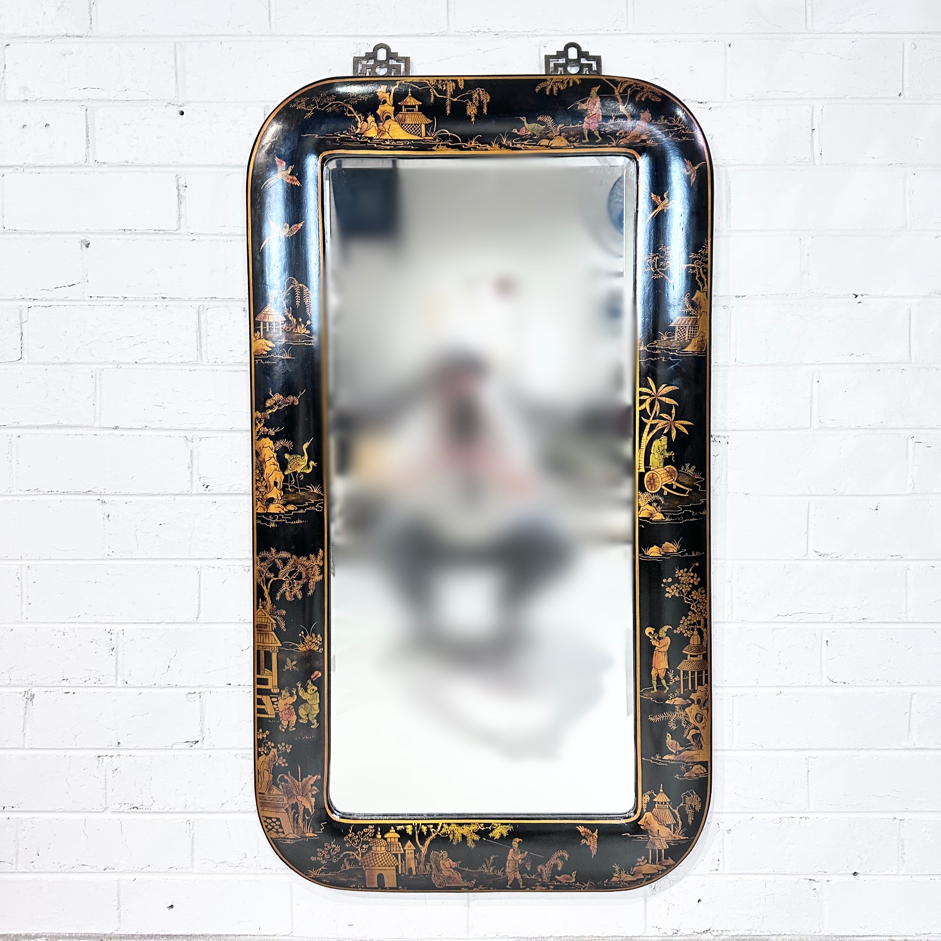 Vintage Chinoiserie Black Lacquer Wall Mirror