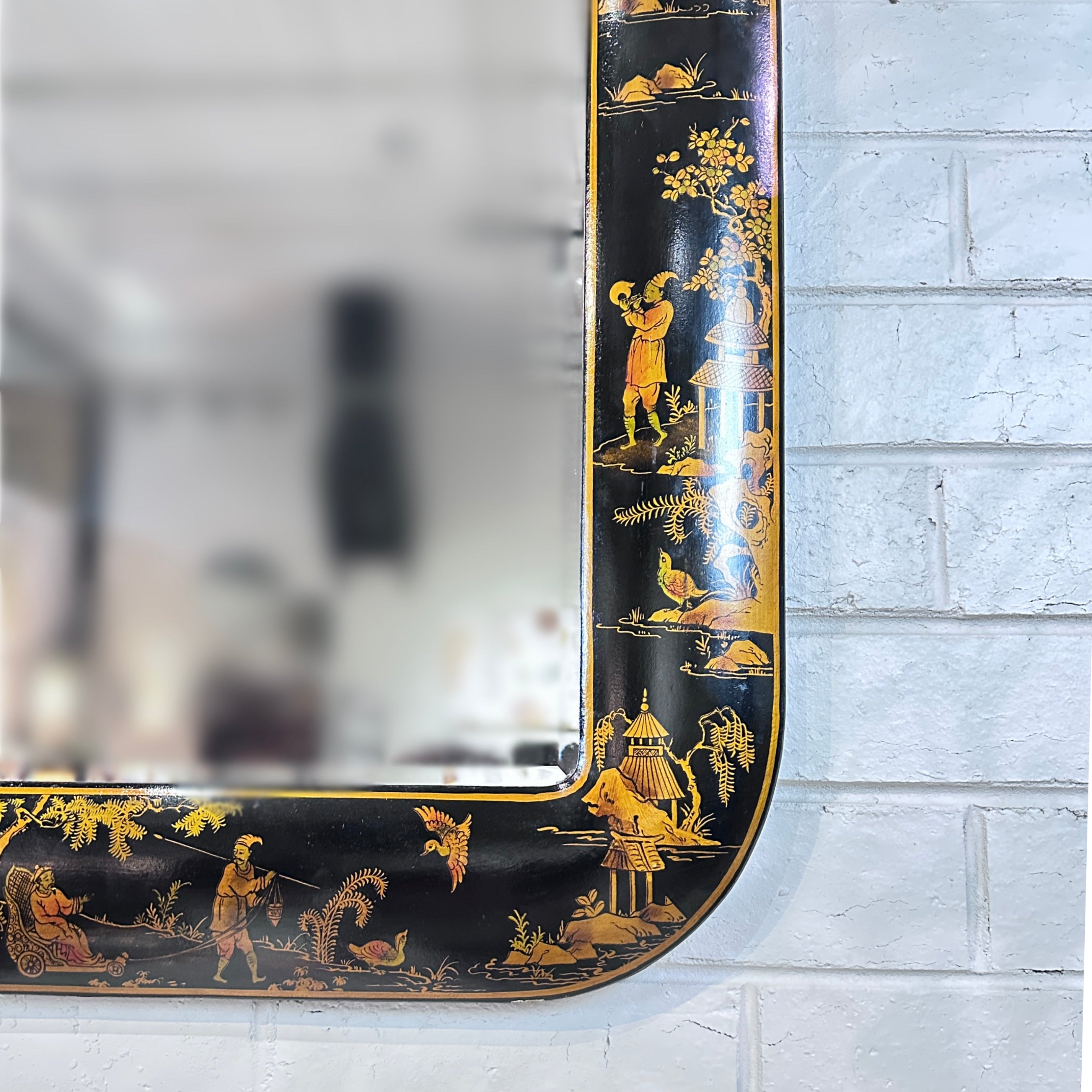 Vintage Chinoiserie Black Lacquer Wall Mirror
