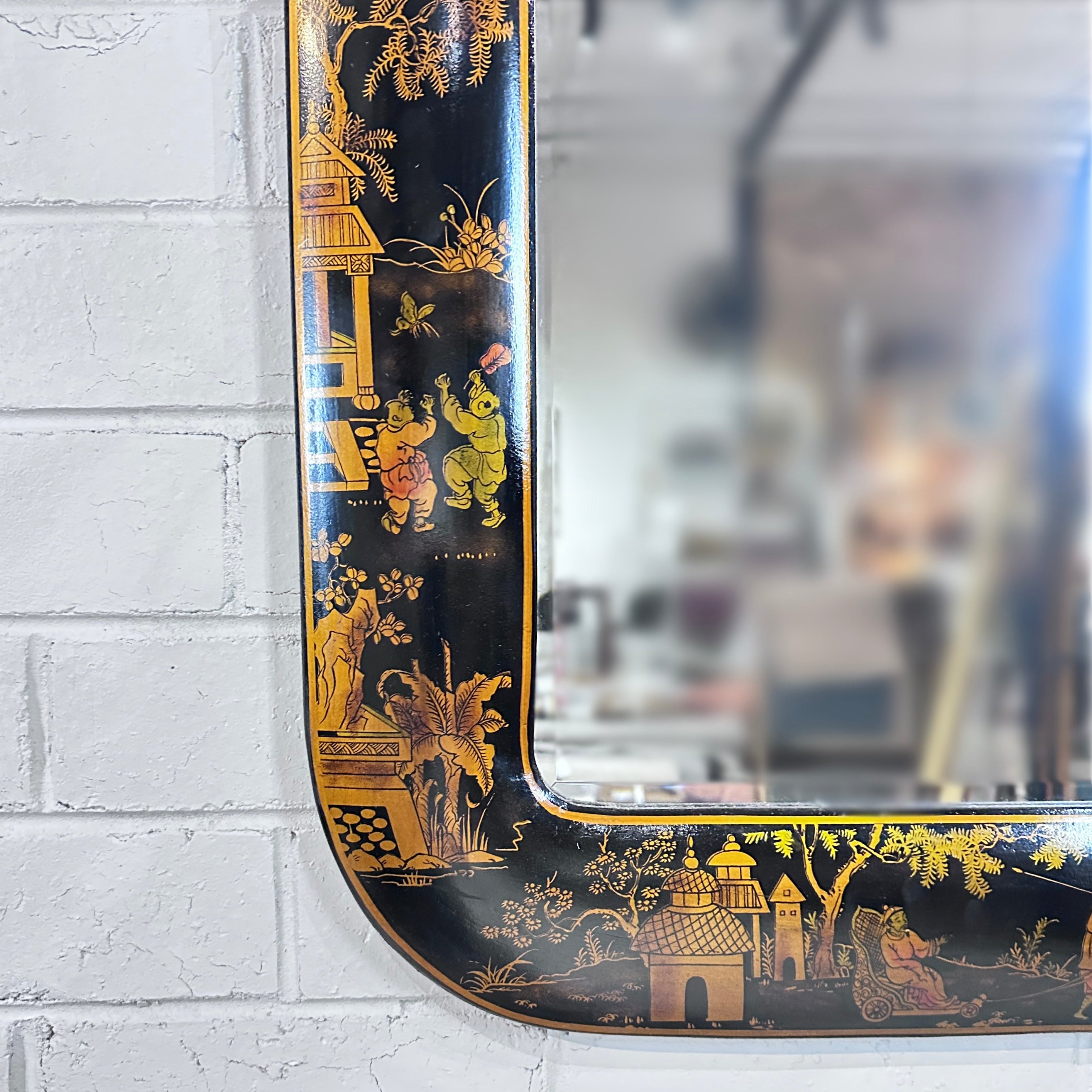 Vintage Chinoiserie Black Lacquer Wall Mirror