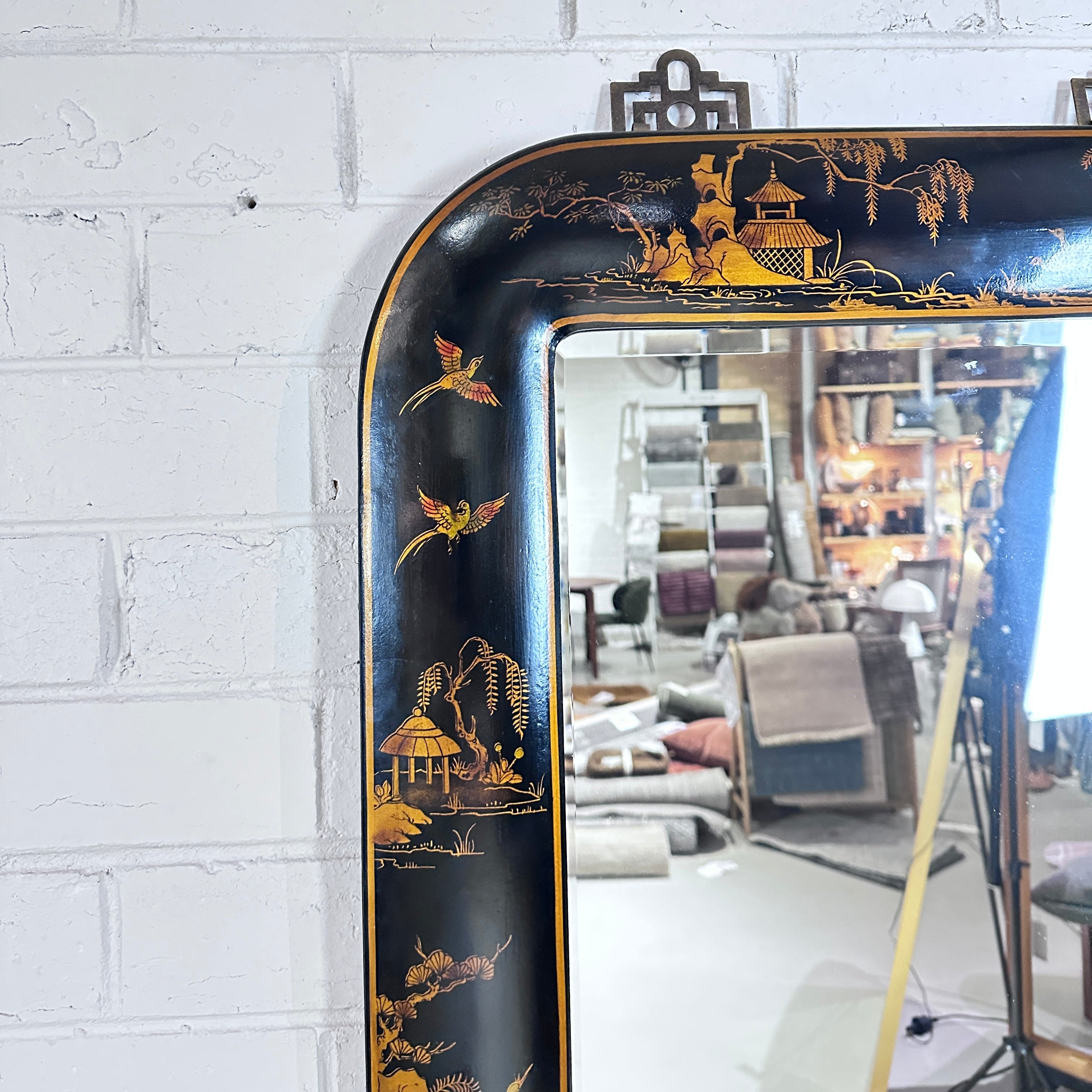 Vintage Chinoiserie Black Lacquer Wall Mirror