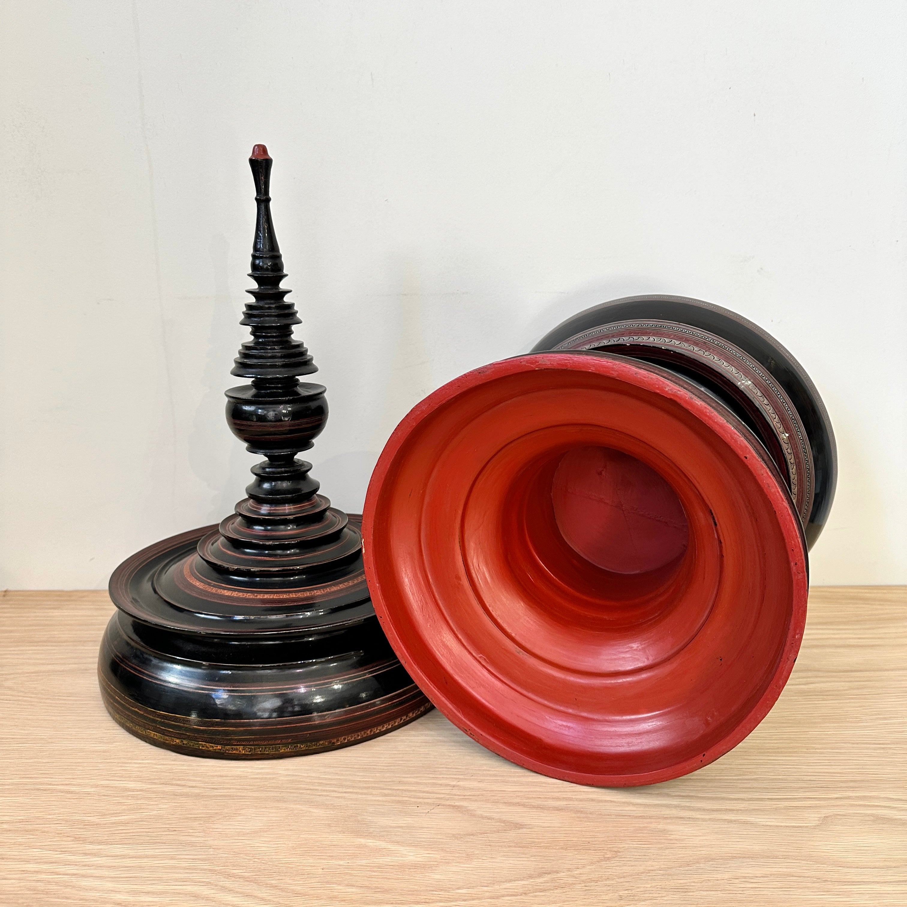 Vintage Burmese Pagoda Offering Box - Hand Painted Black Lacquer