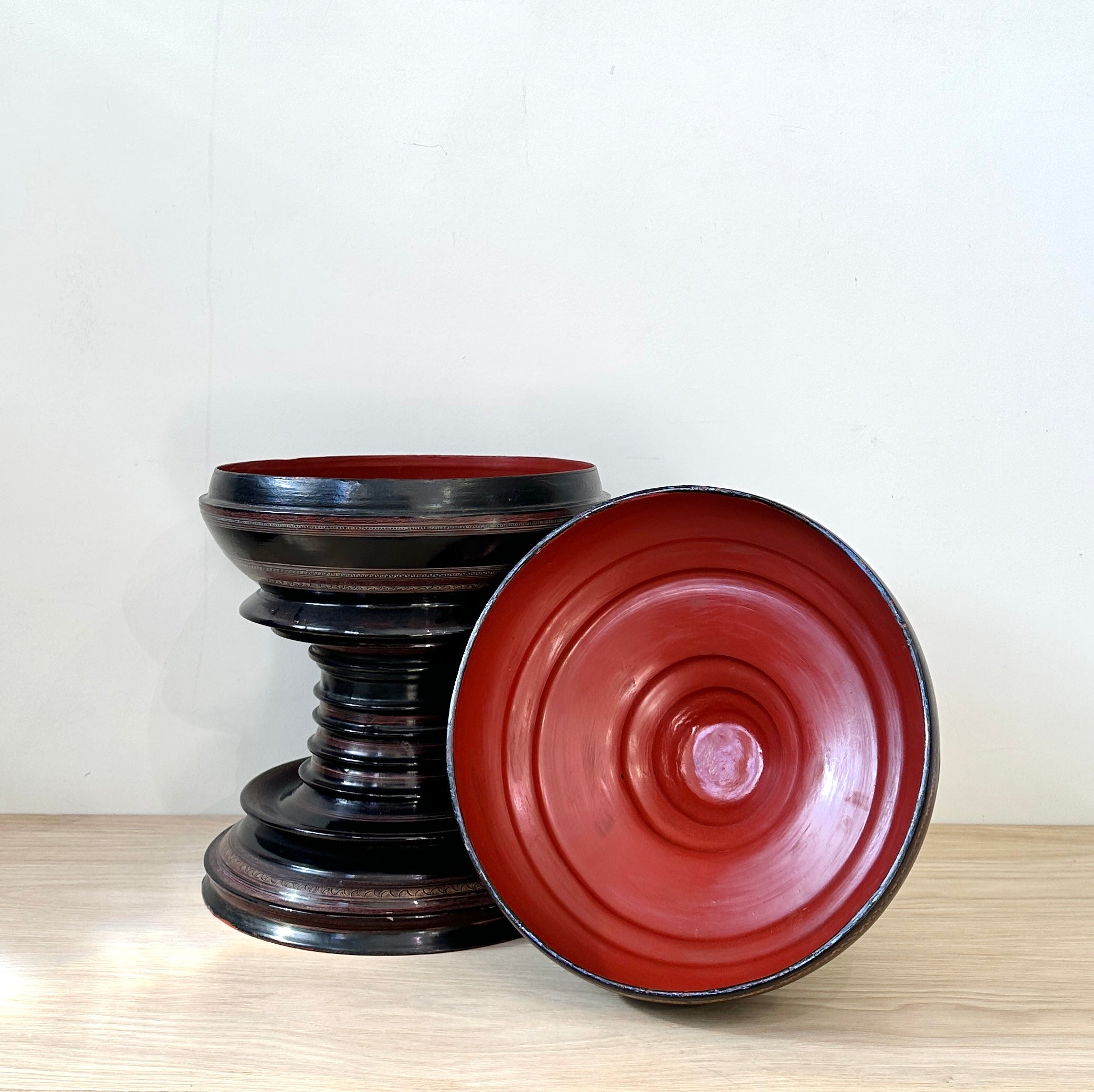 Vintage Burmese Pagoda Offering Box - Hand Painted Black Lacquer