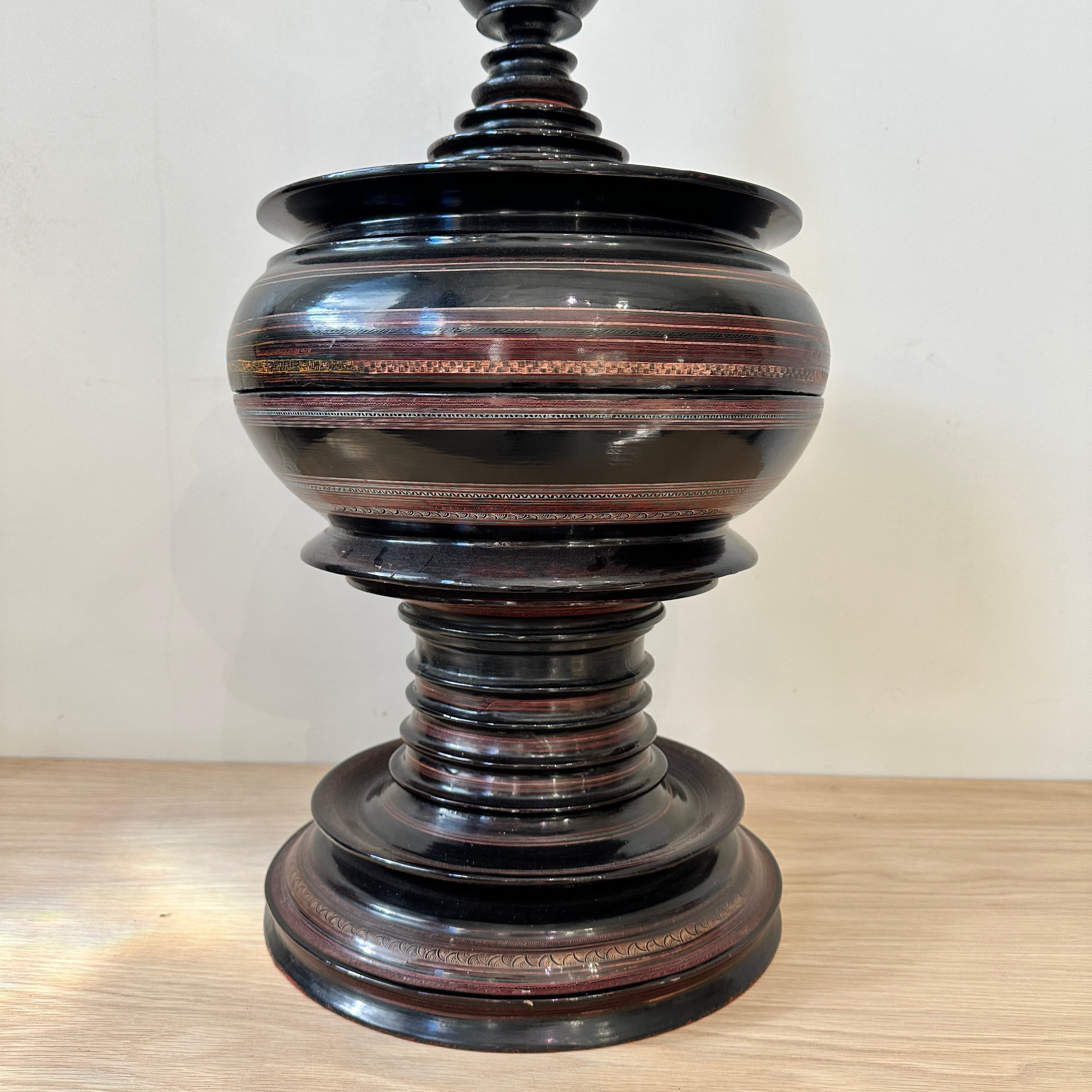 Vintage Burmese Pagoda Offering Box - Hand Painted Black Lacquer