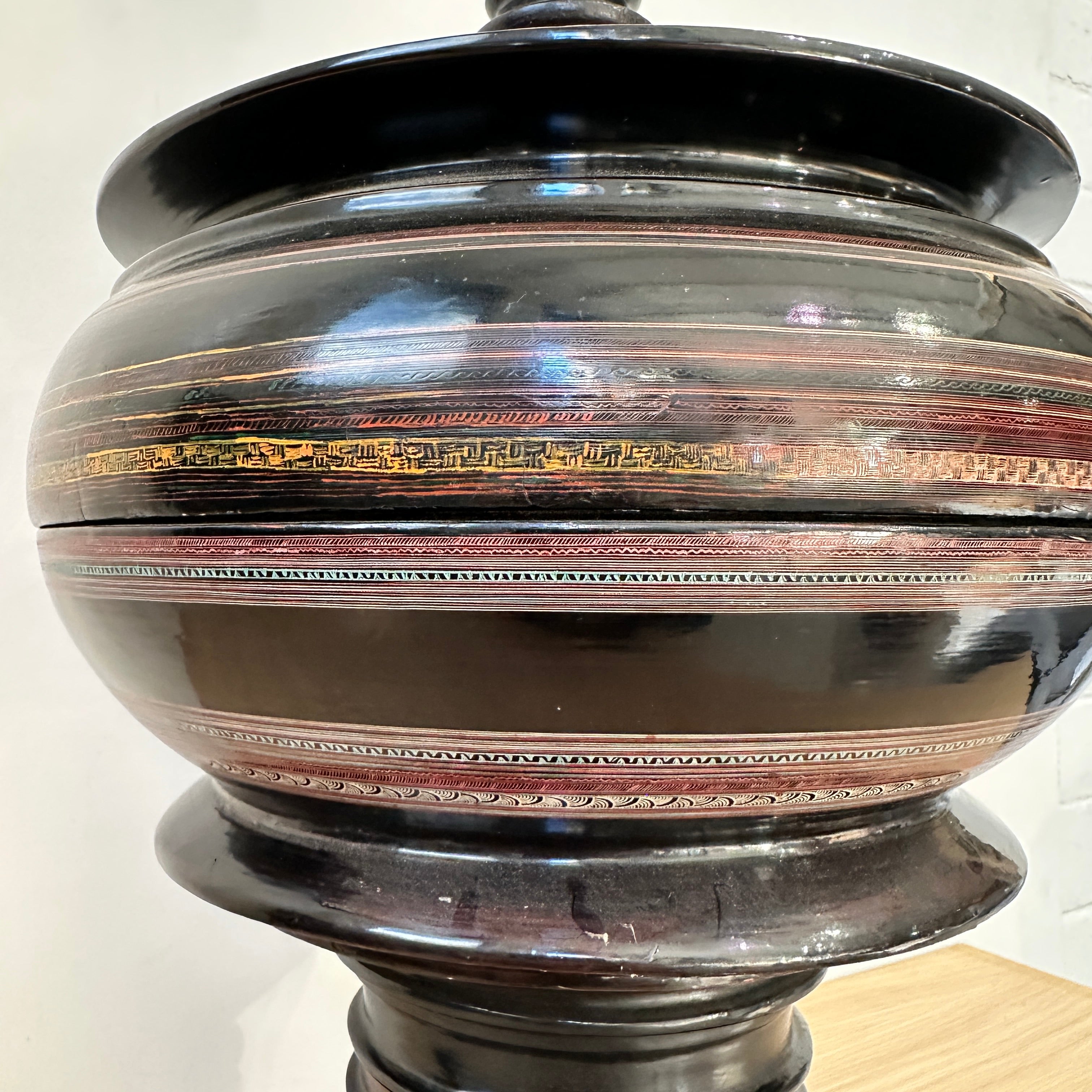 Vintage Burmese Pagoda Offering Box - Hand Painted Black Lacquer