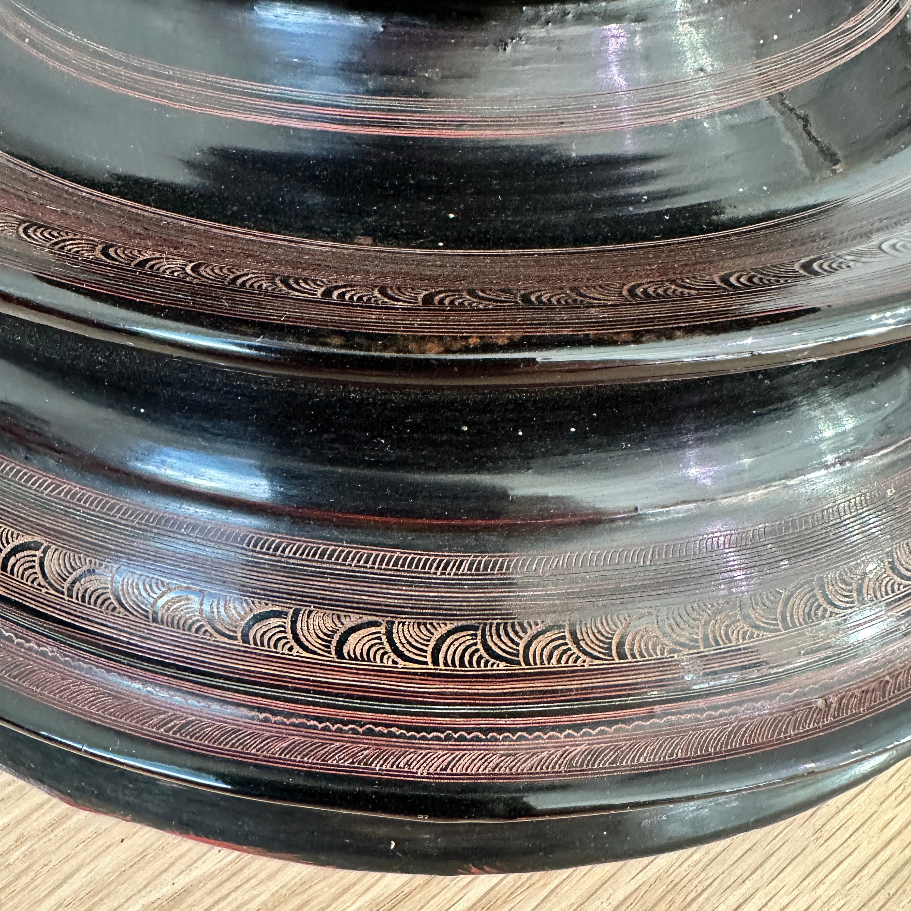 Vintage Burmese Pagoda Offering Box - Hand Painted Black Lacquer