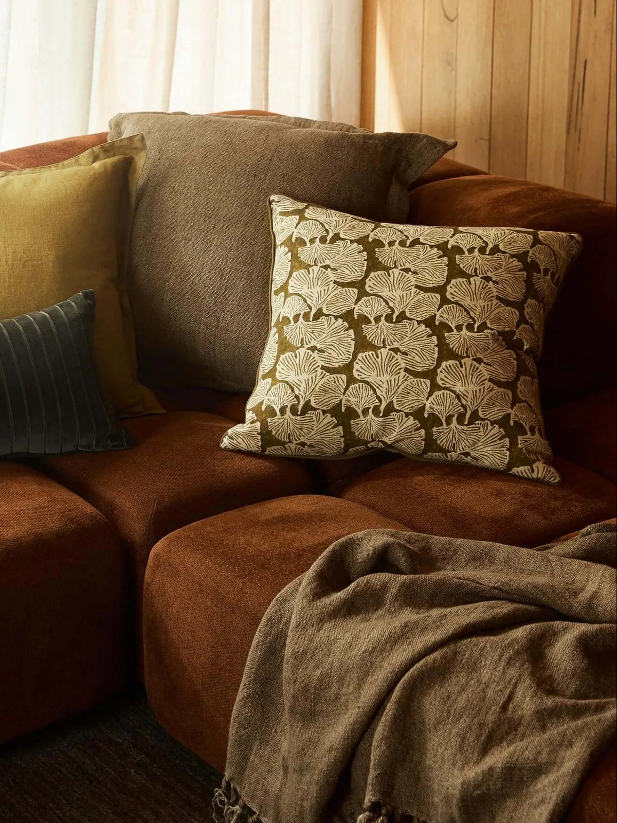 Ginkgo Khaki Square Cushion 50 x 50cm – studio front | Rodwell & Astor