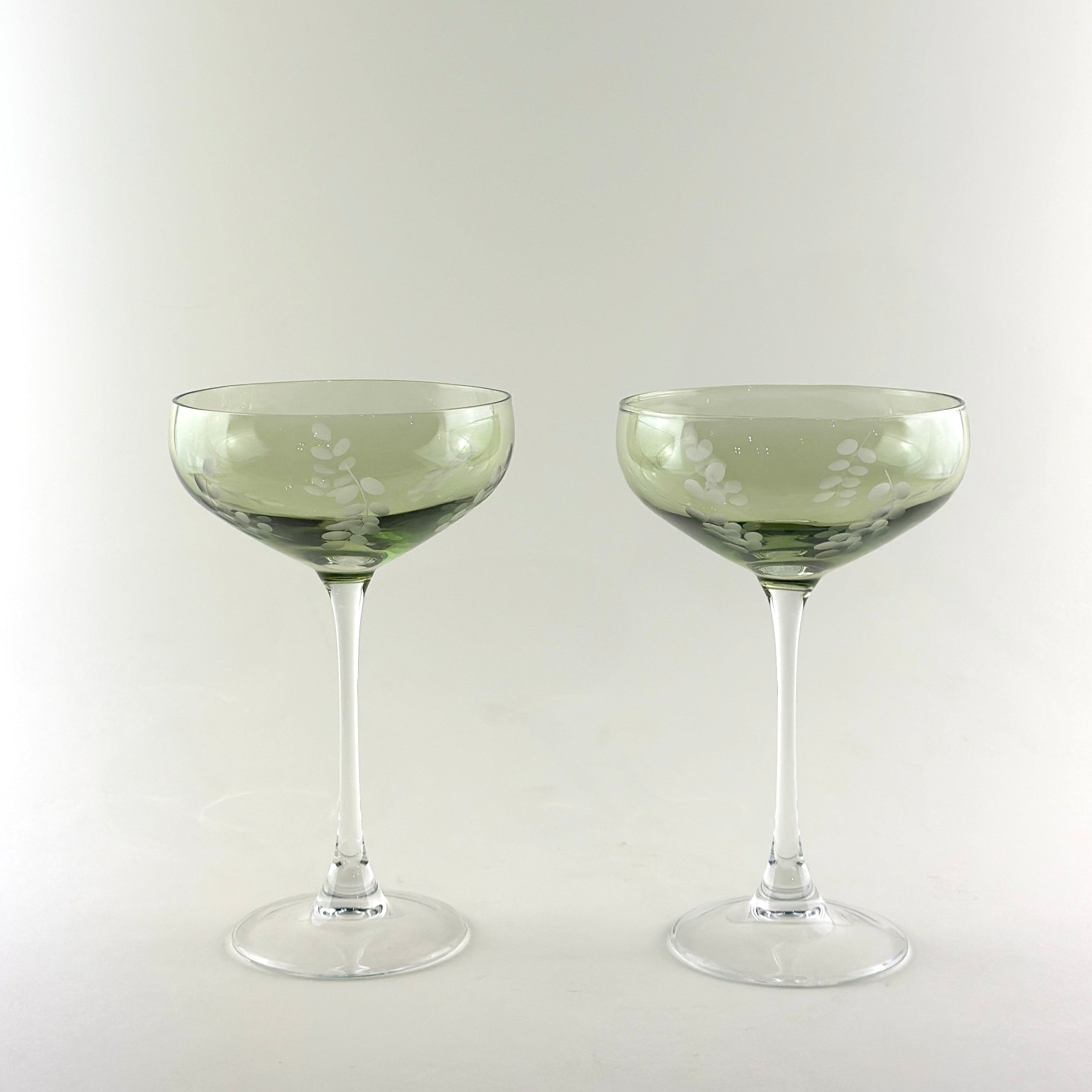 Indigo Etched Green Glass Coupe - Set 2
