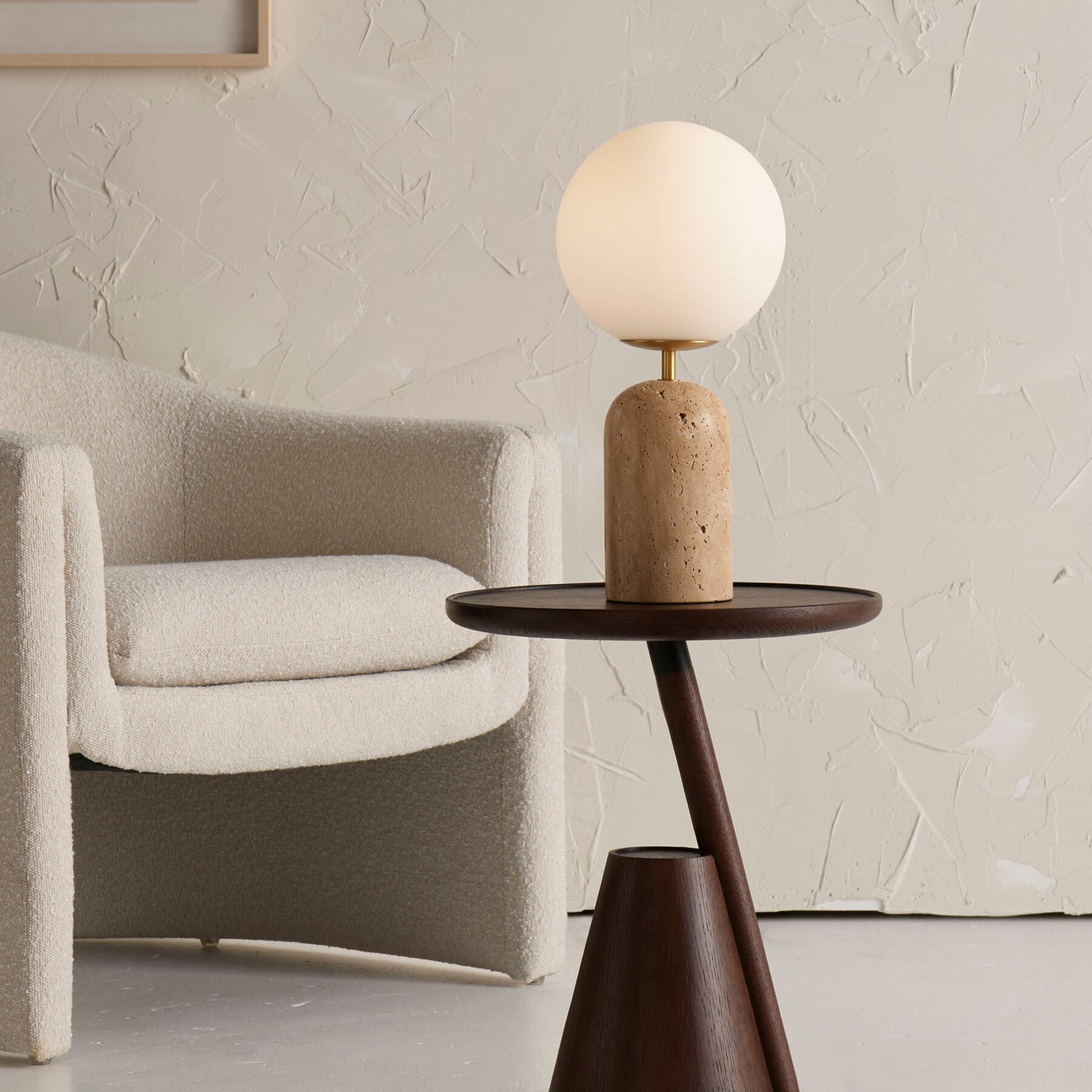 Soren Travertine & Frosted Glass Desk Lamp Rodwell and Astor MCM Lighting