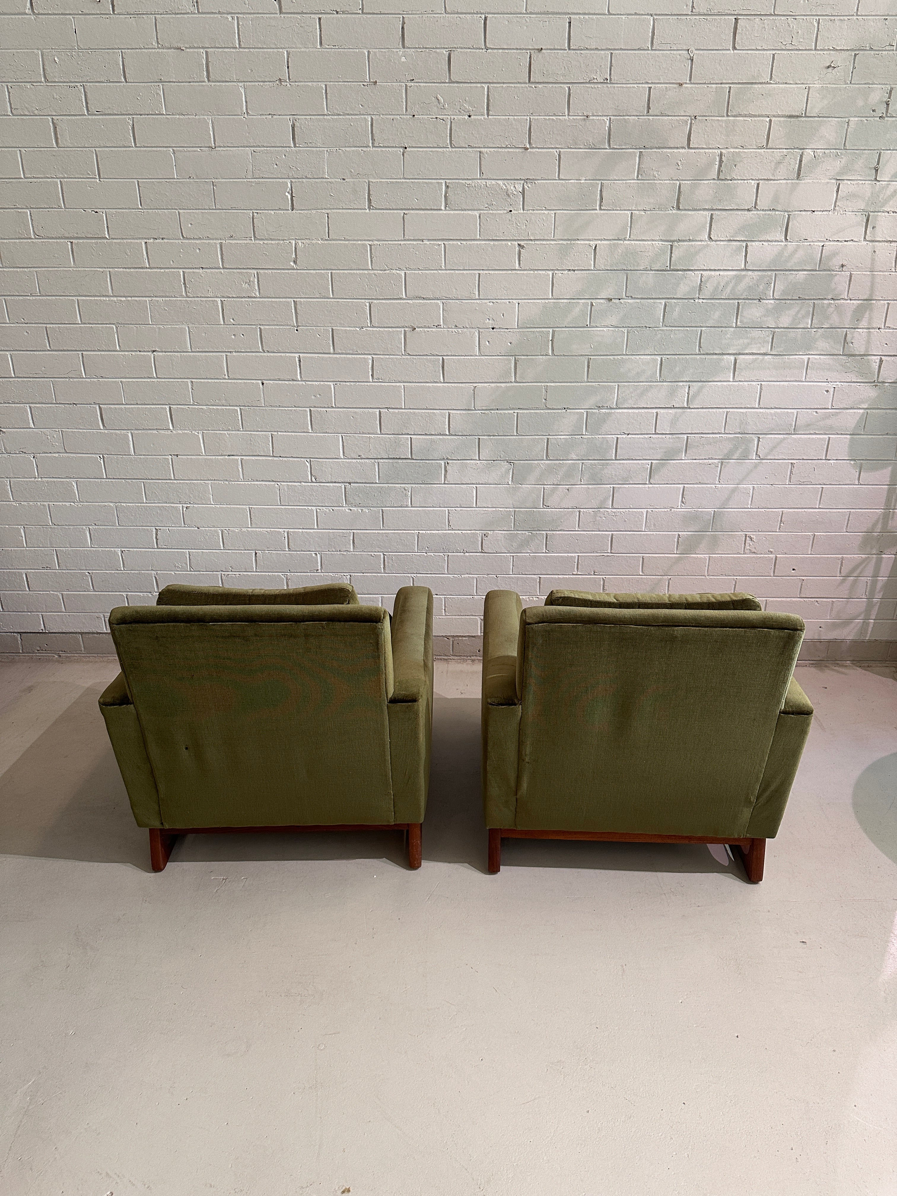 Pair 1960s Vintage Easden Style Armchairs - Green Velvet