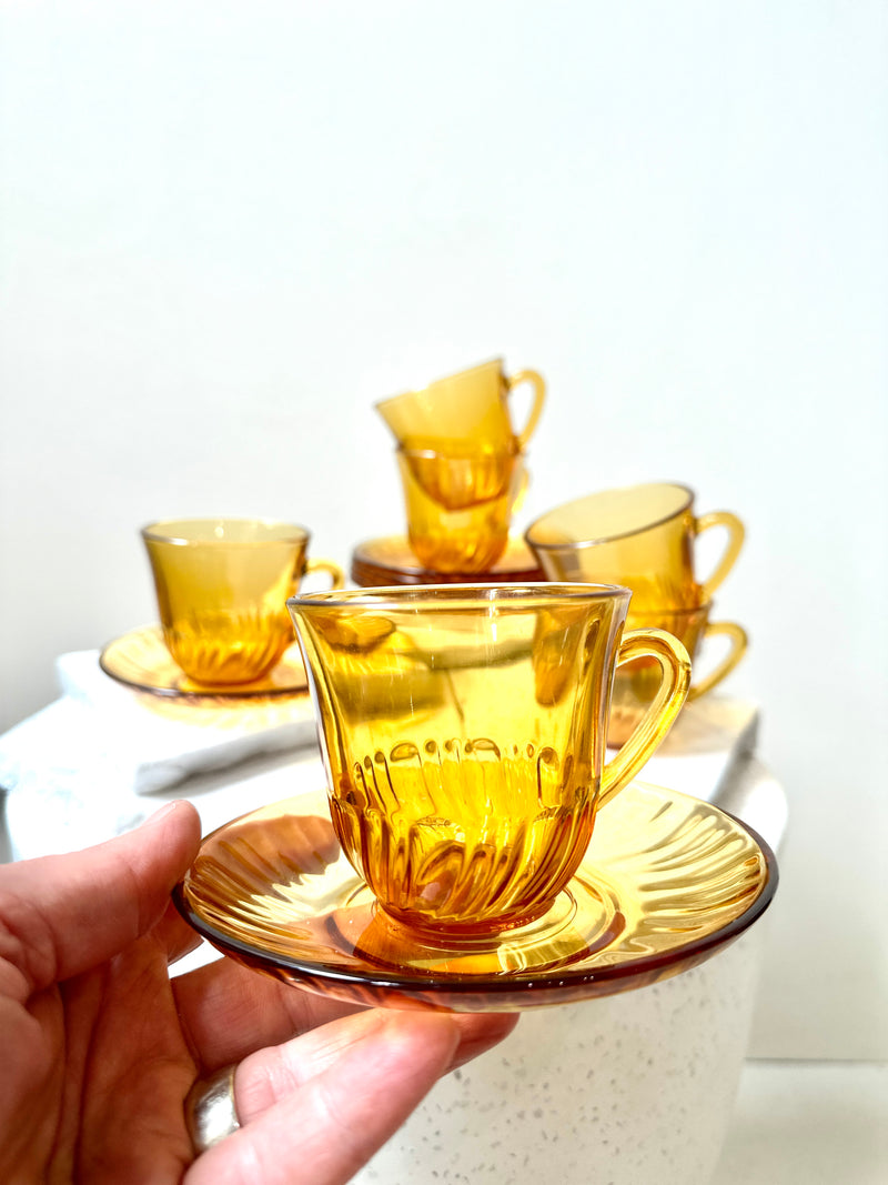 Set of 6 Vintage Amber Glass Espresso Cups and Saucers