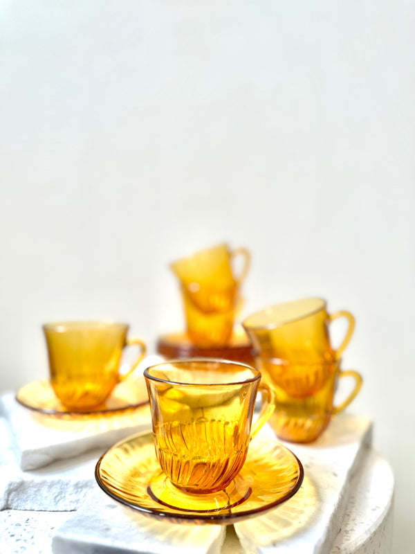 Set of 6 Vintage Amber Glass Espresso Cups and Saucers