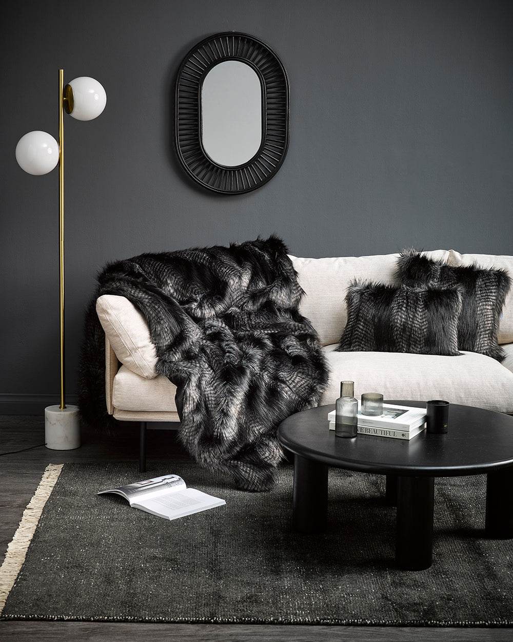 HEIRLOOM Black Coyote Faux Fur Cushion - 45cm