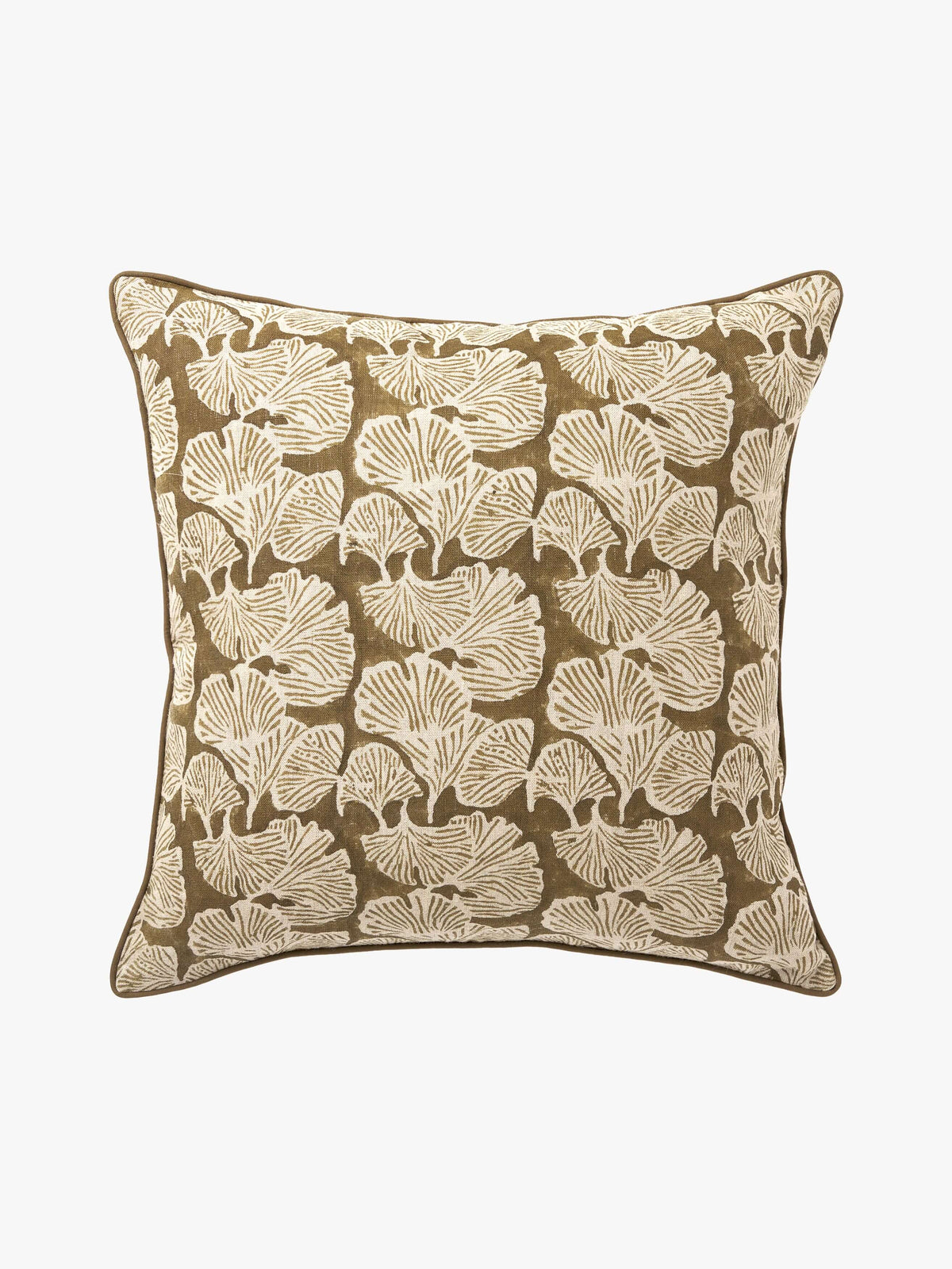 Ginkgo Khaki Square Cushion 50 x 50cm – studio front | Rodwell & Astor