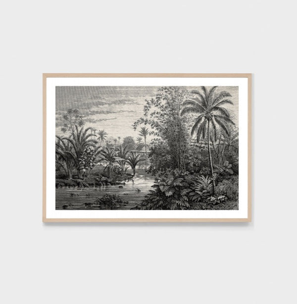 Vintage Tropical Vista Print - Oak Frame