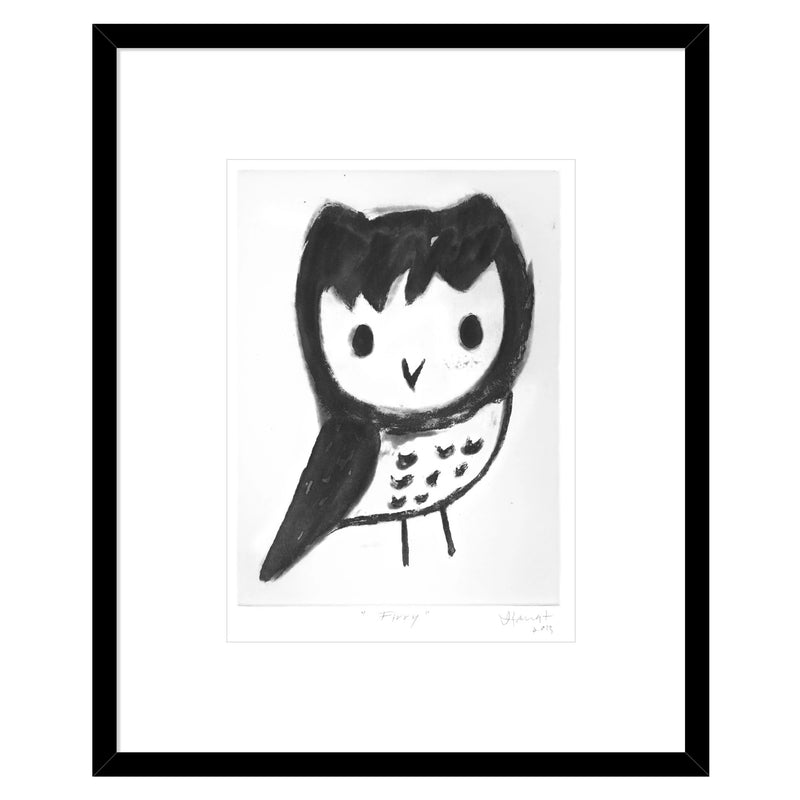 'Firry' Black and White Owl Art Print