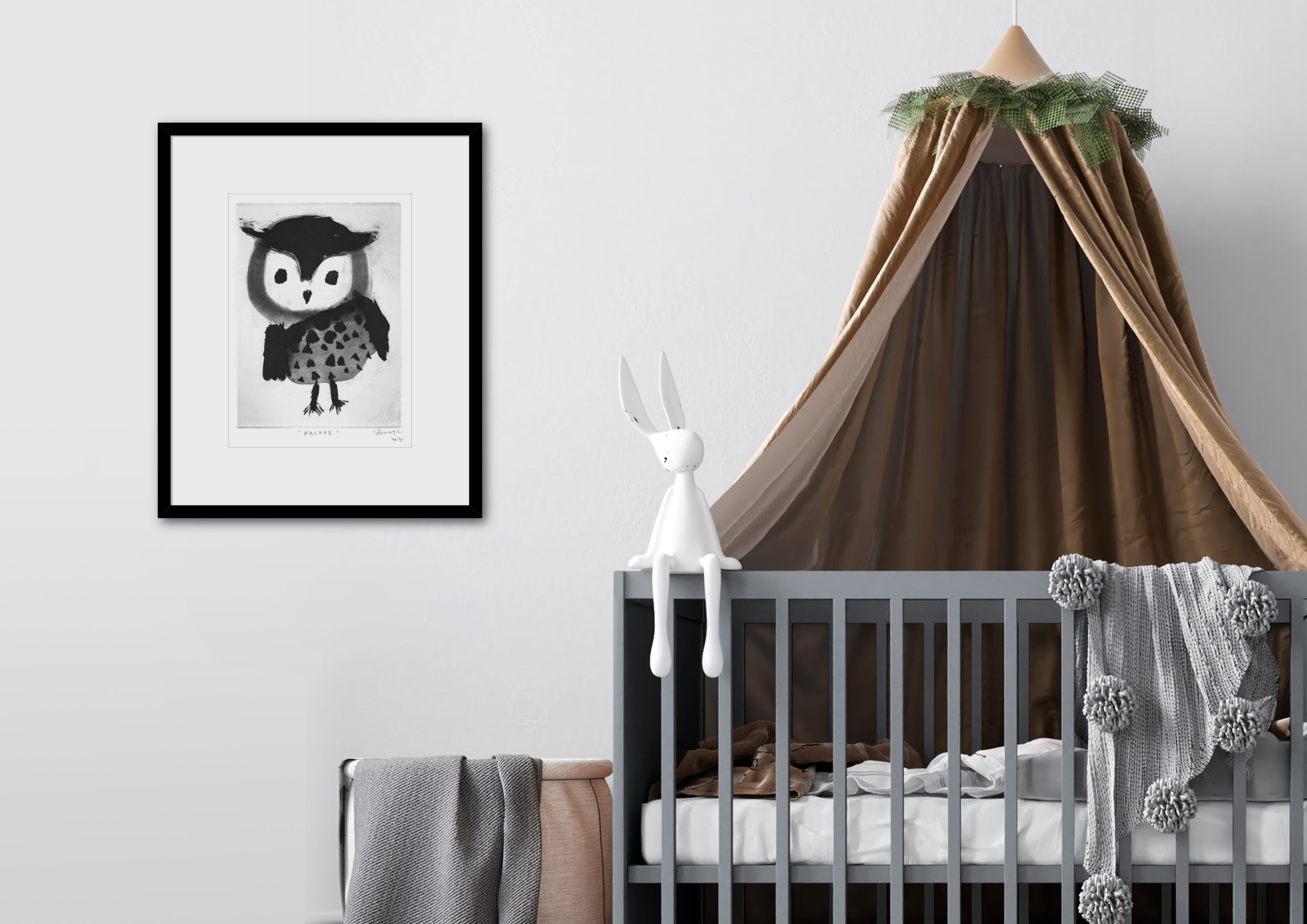 Rodwell and Astor - 'Frippe' Black and White Owl Art Print