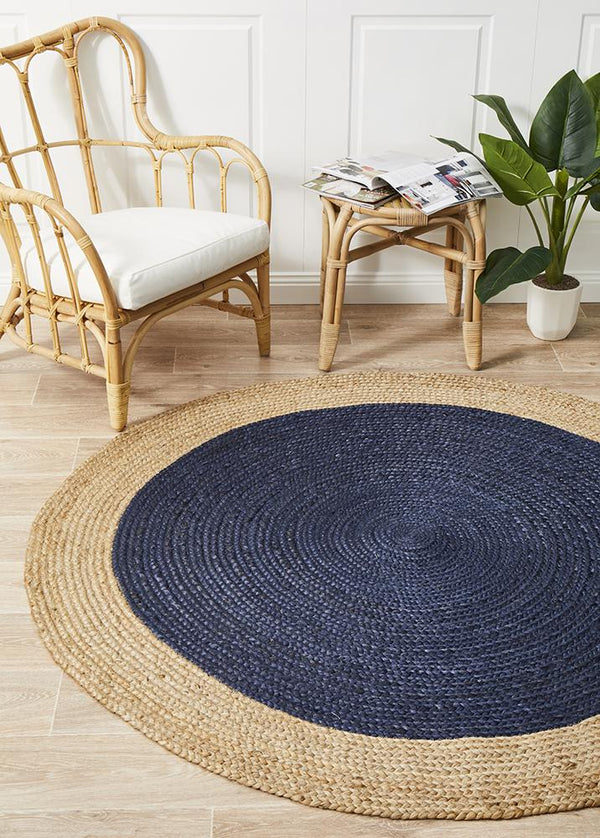 Jai Round Jute Floor Rug - Navy