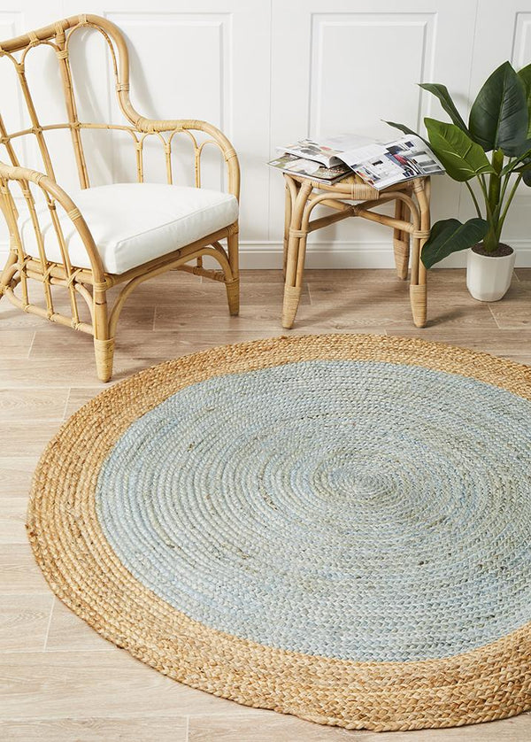 Jai  Round Jute Floor Rug - Aqua