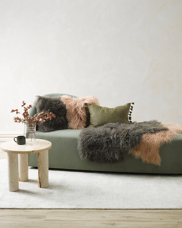 Rodwell and Astor - BAYA Meru Cushion - Tibetan Lamb Hide - Biscotti 